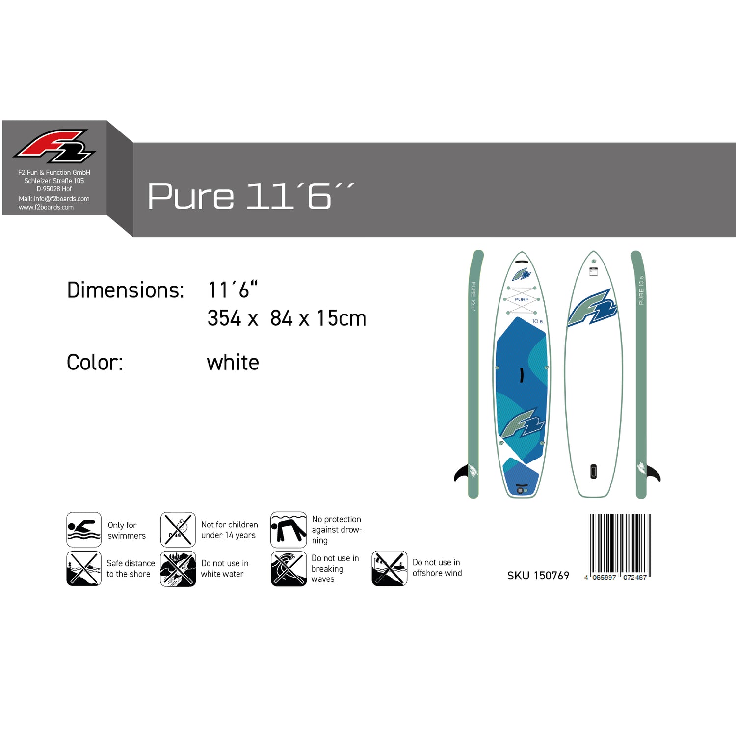 F2 SUP Stand Up Paddle Board Pure Weiss - Komplettset Größen und Zubehör wählbar