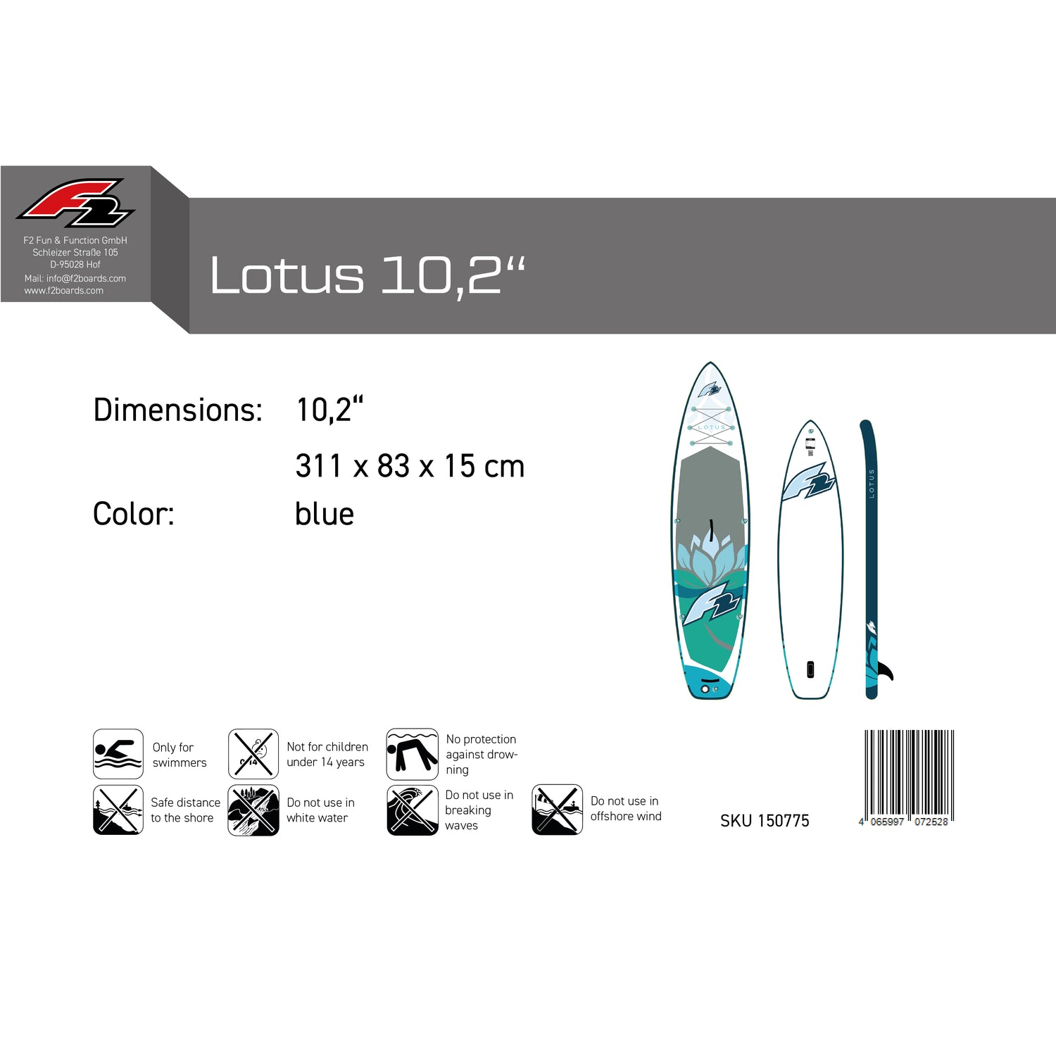 F2 Damen SUP Stand Up Paddle Board Lotus Blau - Komplettset Größen und Zubehör wählbar