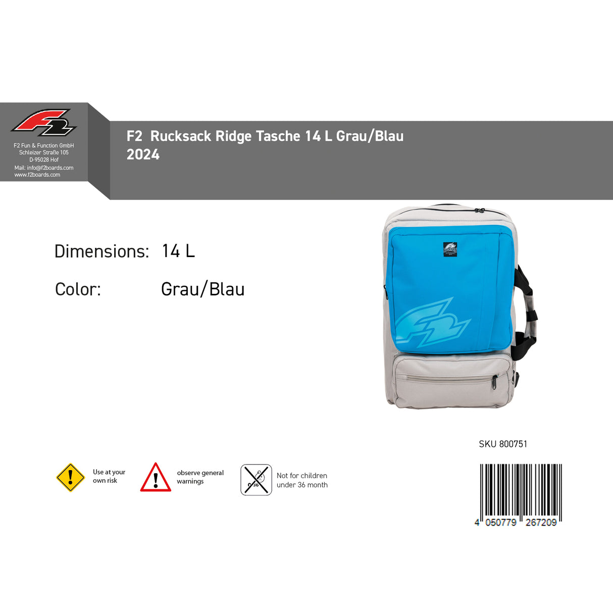 F2 Rucksack Ridge Tasche 14 L Grau/Blau 2024