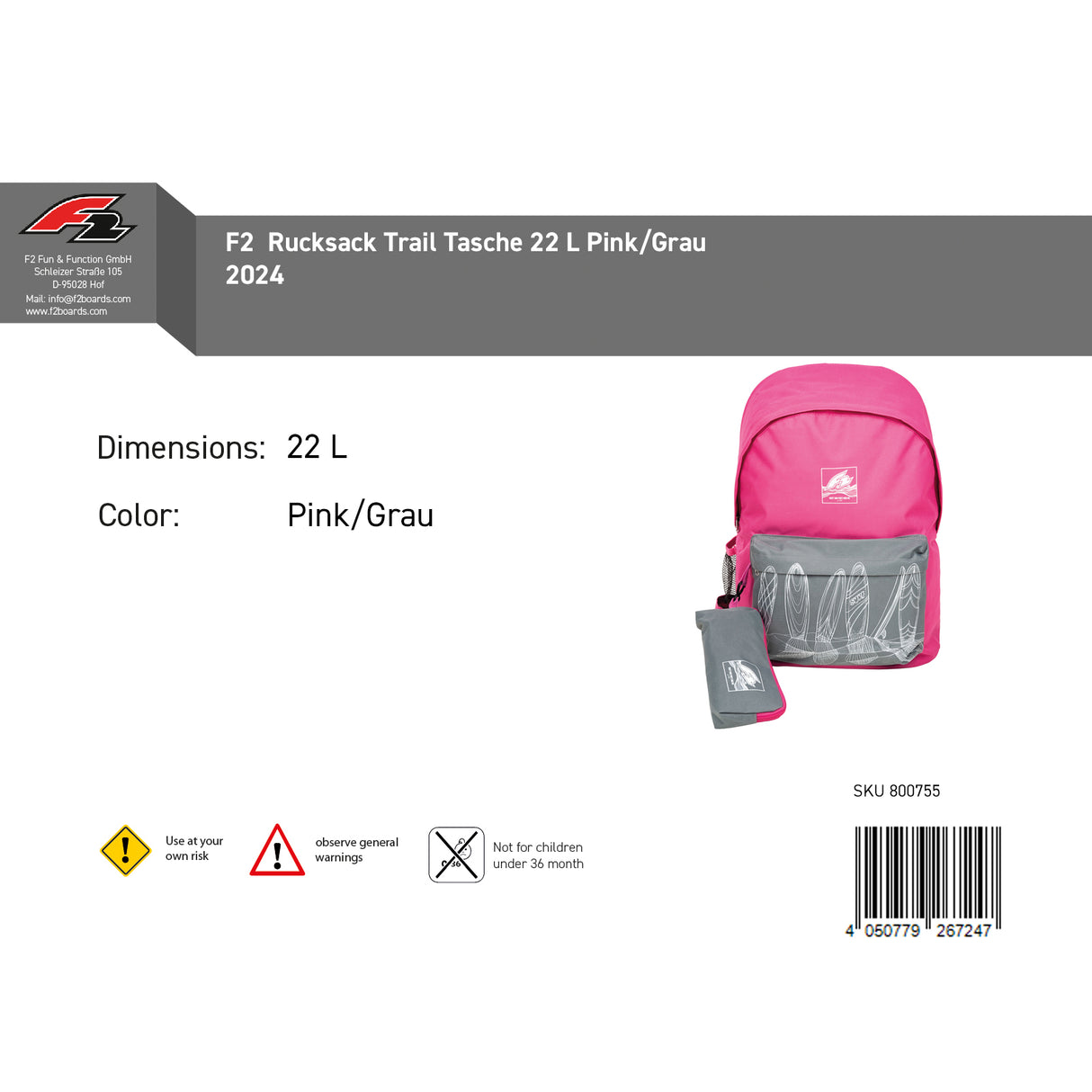 F2 Rucksack Trail Tasche 22 L Pink/Grau 2024