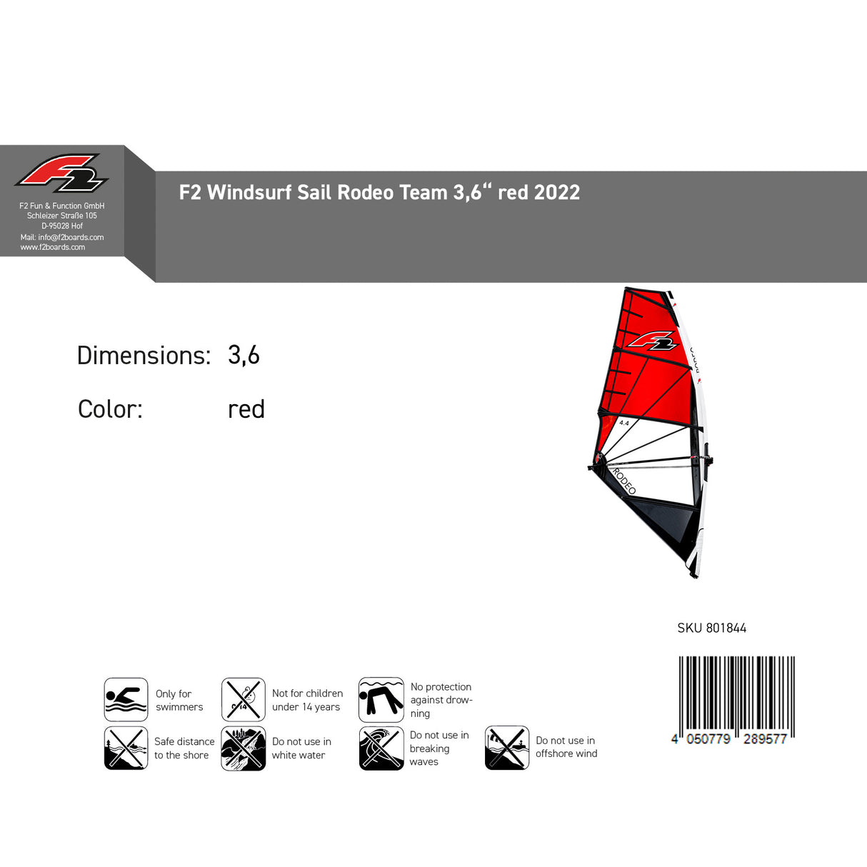 F2 Sale Windsurf Segel Rodeo Team 3,6qm Rot Modell 2022 NEU Sail Only