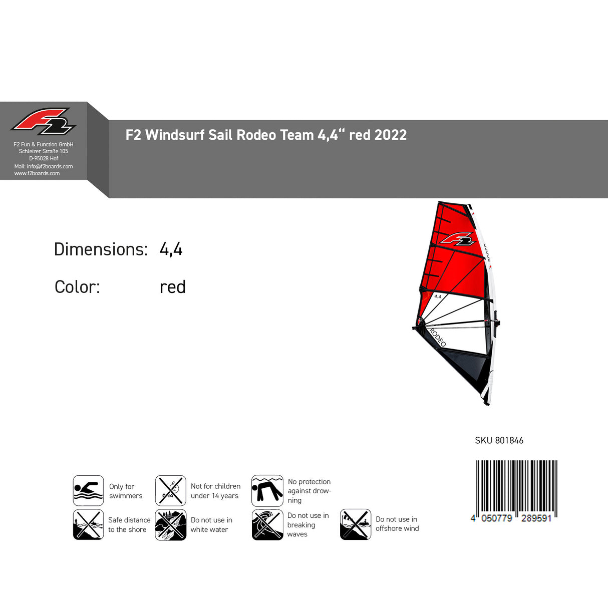 F2 Sale Windsurf Segel Rodeo Team 4,4qm Rot Modell 2022 NEU Sail Only