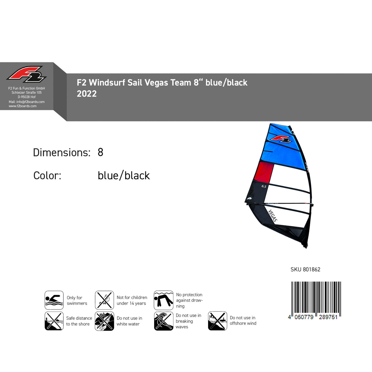 F2 Sale Windsurf Segel Vegas Team 8qm Blau/Schwarz Modell 2022 NEU Sail Only