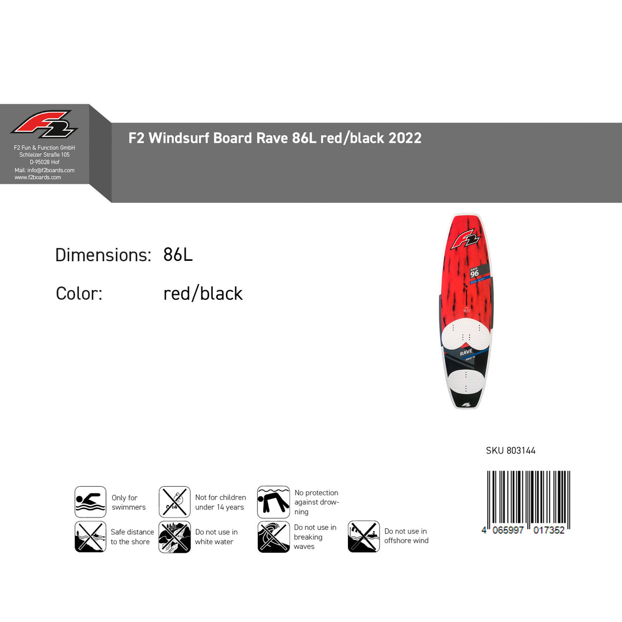 F2 Sale Windsurfboard Rave 86L Rot/Schwarz Modell 2022/23 NEU