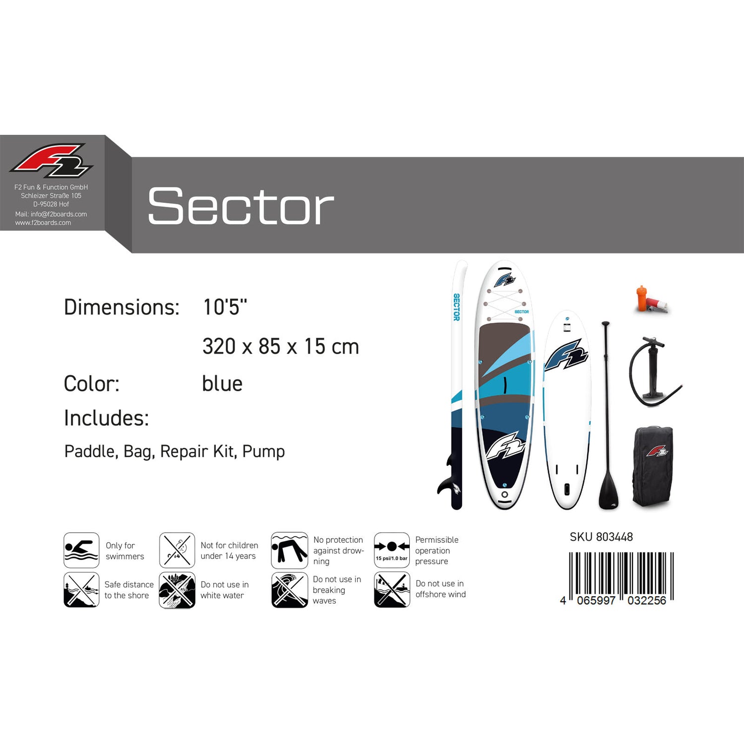 F2 SUP Stand Up Paddle Board Sector 10'5''/11'5"/12'2" wählbar Blau 2024