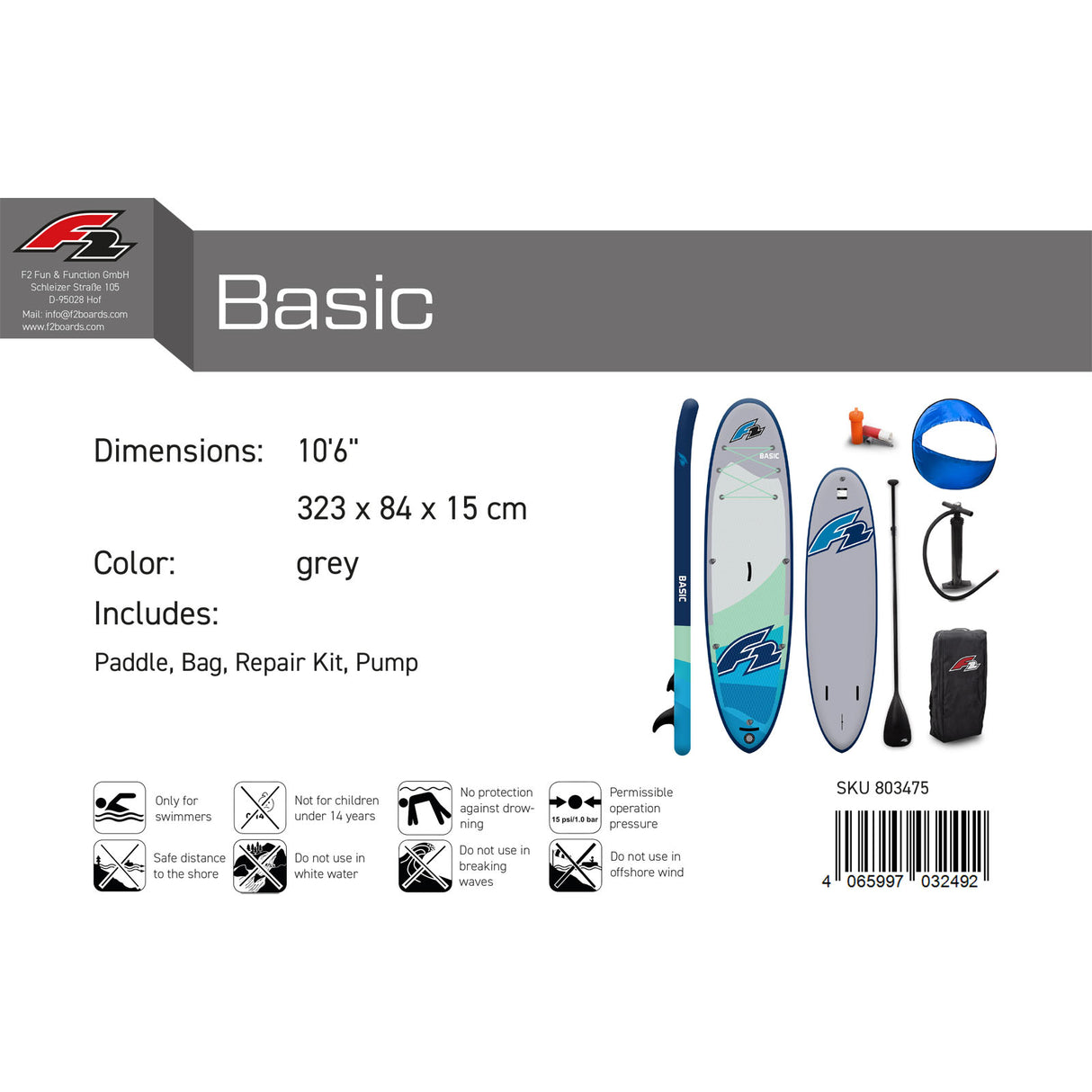 F2 SUP Stand Up Paddle Board Basic Round Sail Set Größe wählbar Grau