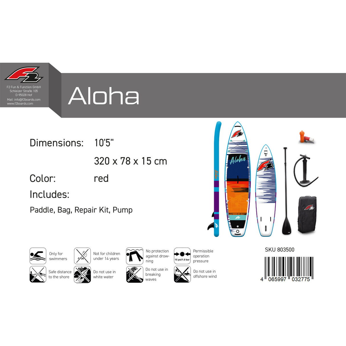 F2 SUP Stand Up Paddle Board Aloha 10'5''/11'4"/12'2" Größe wählbar Rot 2024/25