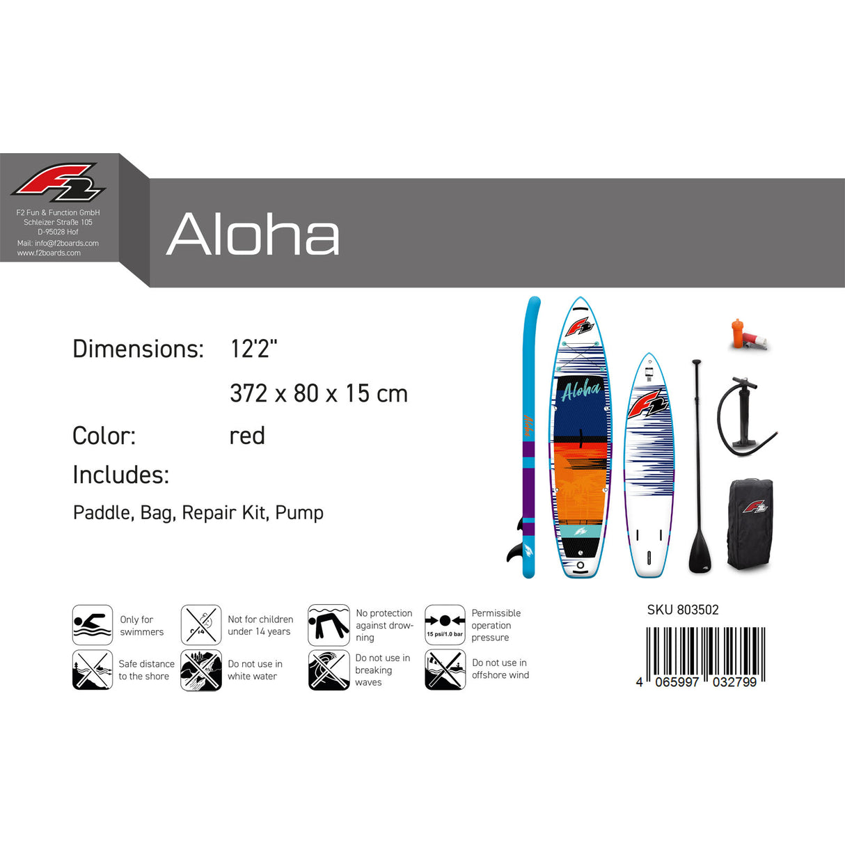 F2 SUP Stand Up Paddle Board Aloha 10'5''/11'4"/12'2" Größe wählbar Rot 2024/25