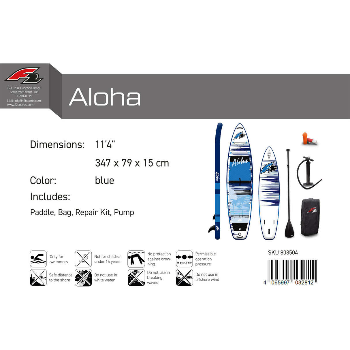 F2 SUP Stand Up Paddle Board Aloha 10'5''/11'4"/12'2" Größe wählbar Blau 2024/25