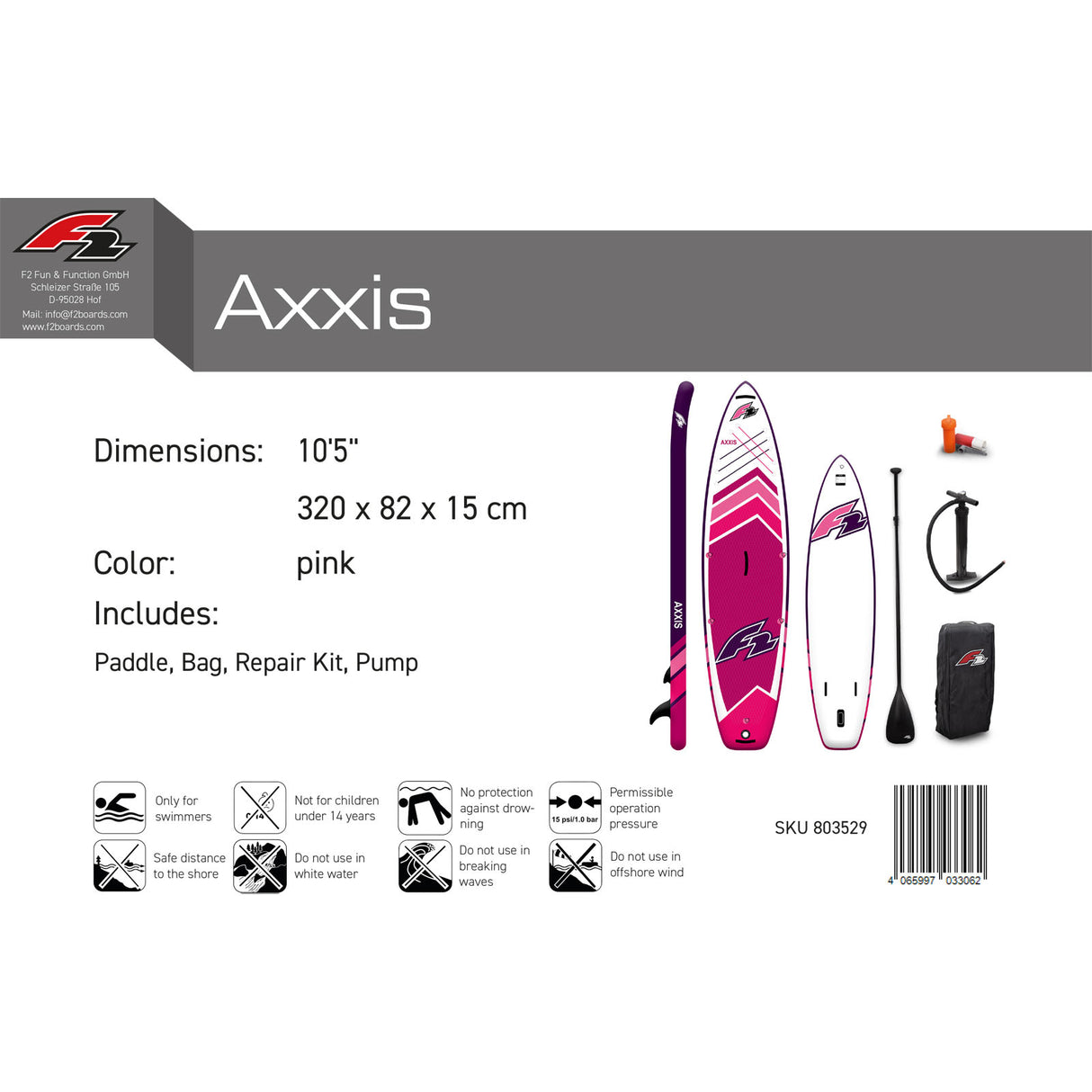 F2 Damen SUP Stand Up Paddle Board Axxis 10'5''/11'6"/12'2" wählbar Pink