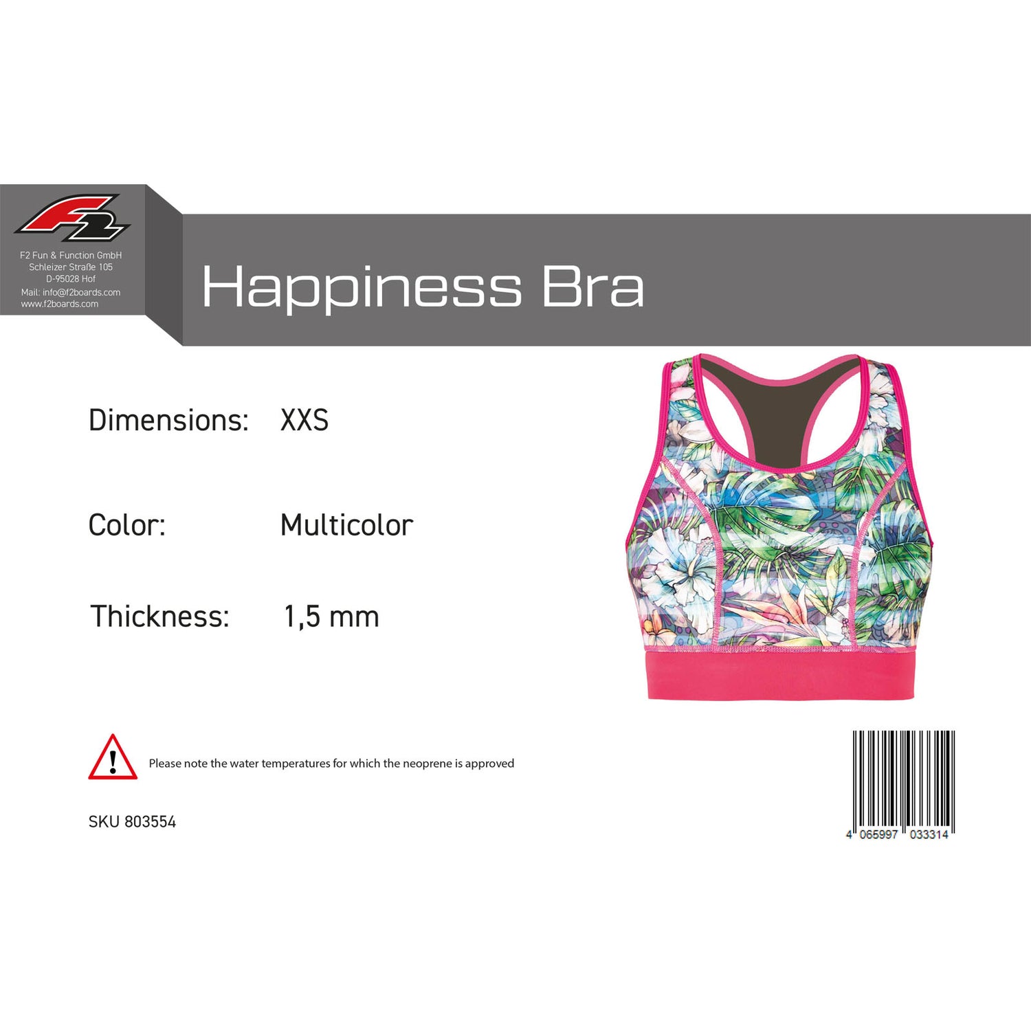 F2 Damen Neopren Oberteil Happiness Bra 1,5 mm Größe wählbar Multicolor 2024/25