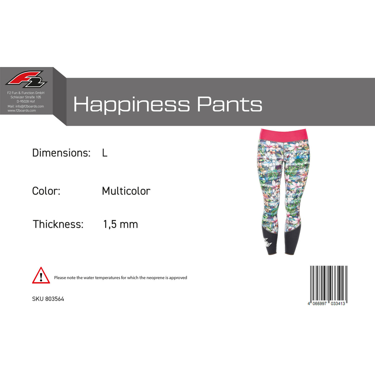 F2 Damen Neopren Hose Happiness Pants 1,5 mm Größe wählbar Multicolor 2024/25