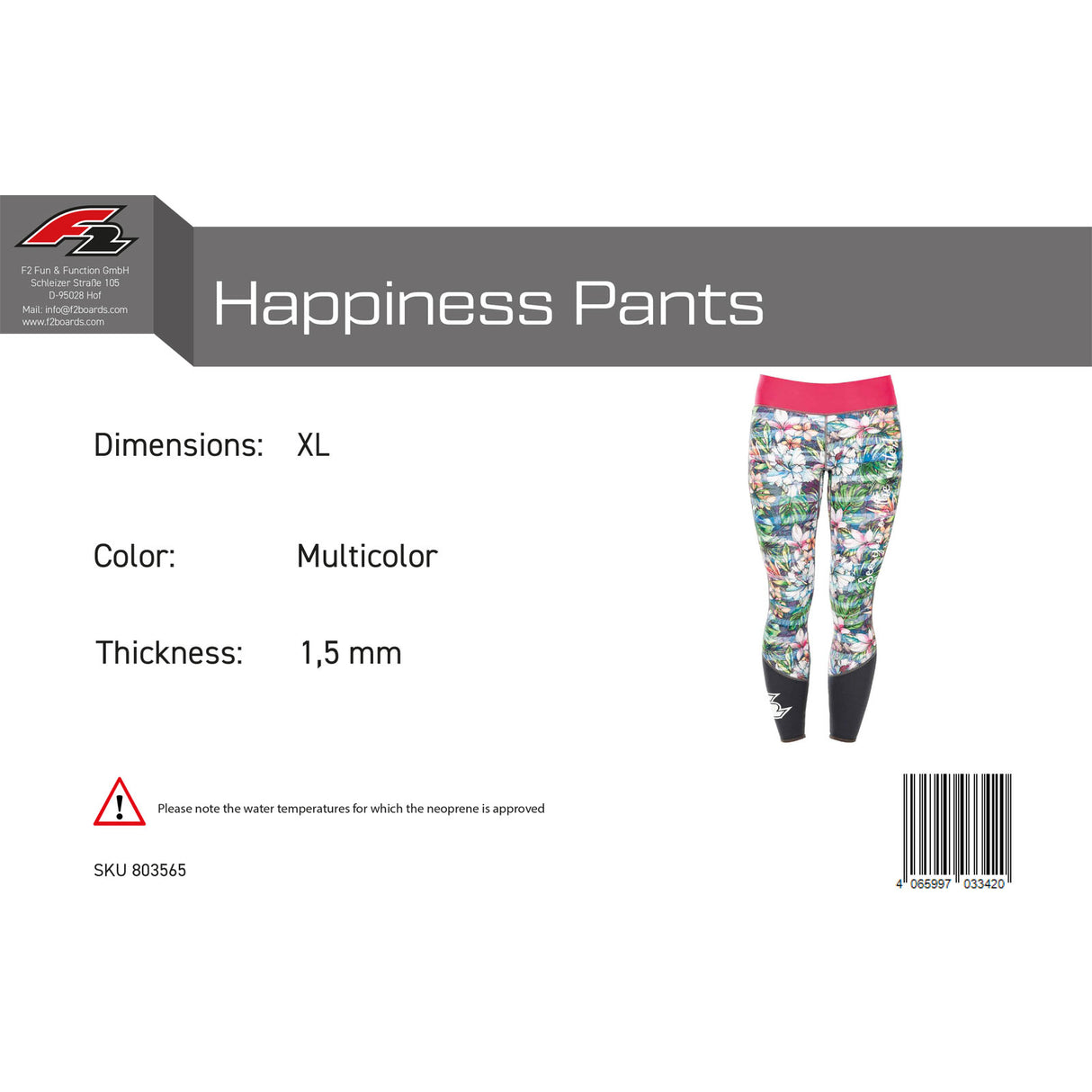 F2 Damen Neopren Hose Happiness Pants 1,5 mm Größe wählbar Multicolor 2024/25