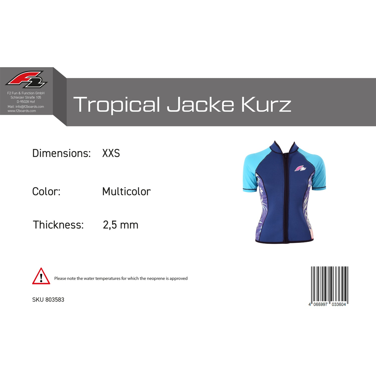 F2 Damen Neopren Oberteil Tropical Jacke Kurz 2,5mm Größe wählbar Multicolor