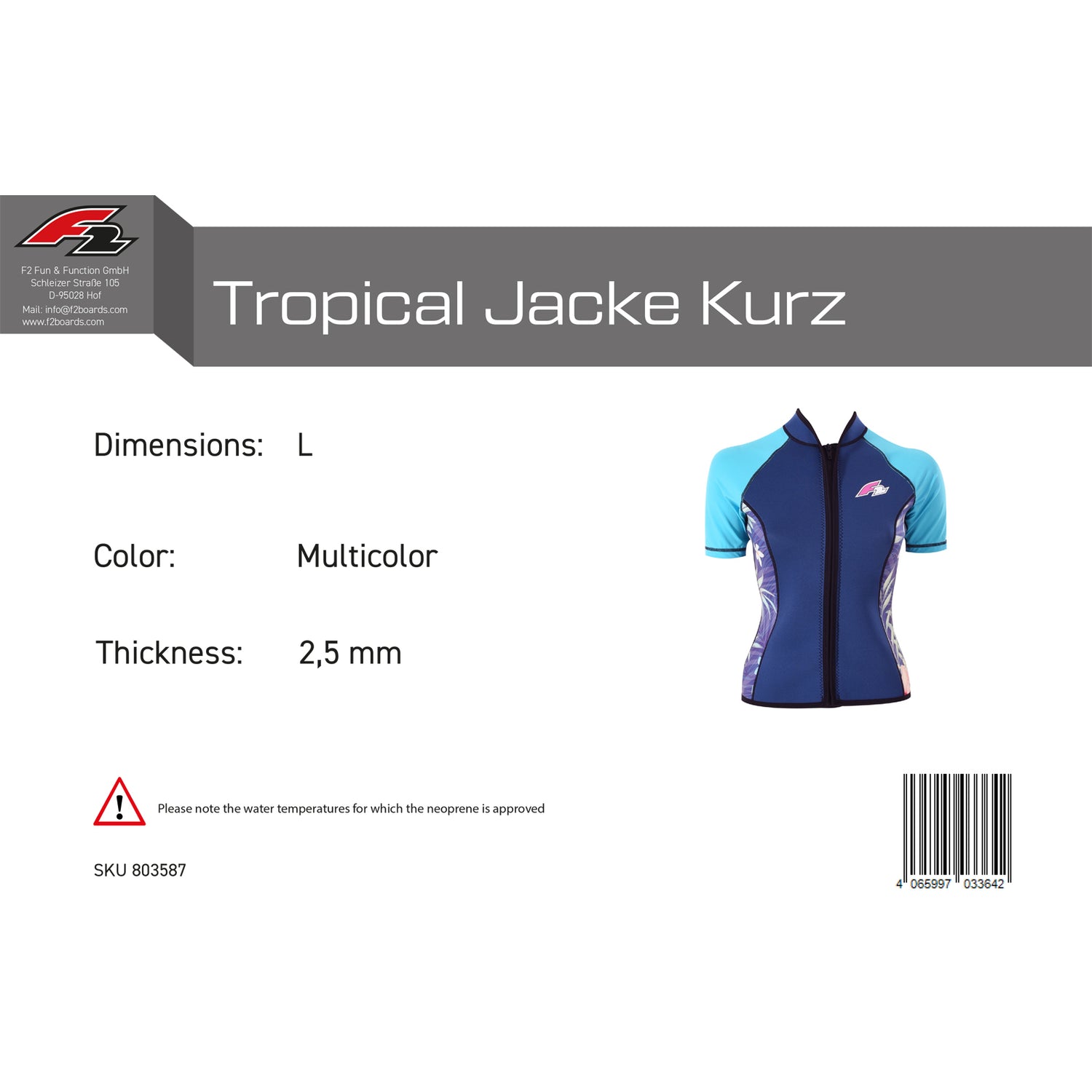 F2 Damen Neopren Oberteil Tropical Jacke Kurz 2,5mm Größe wählbar Multicolor