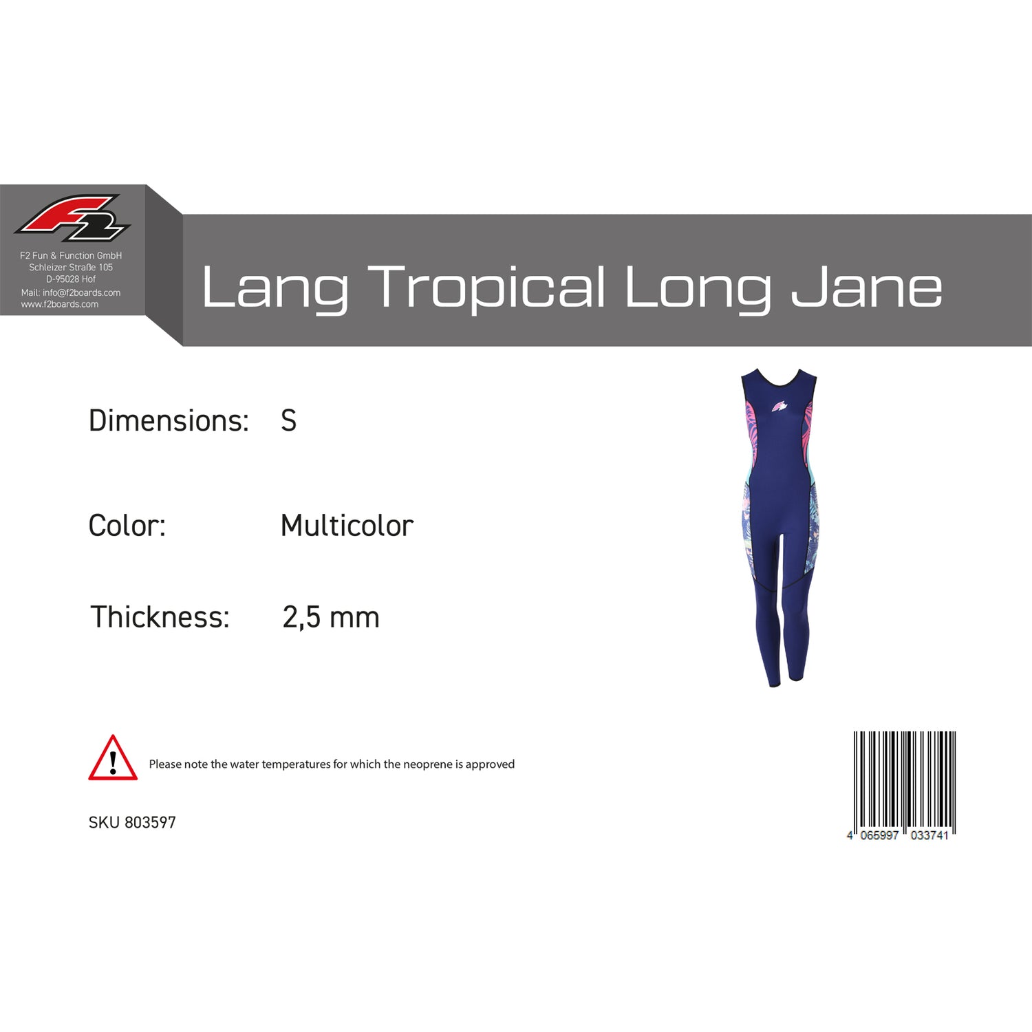 F2 Damen Neopren Anzug Lang Tropical Long Jane 2,5mm Größe wählbar Multicolor