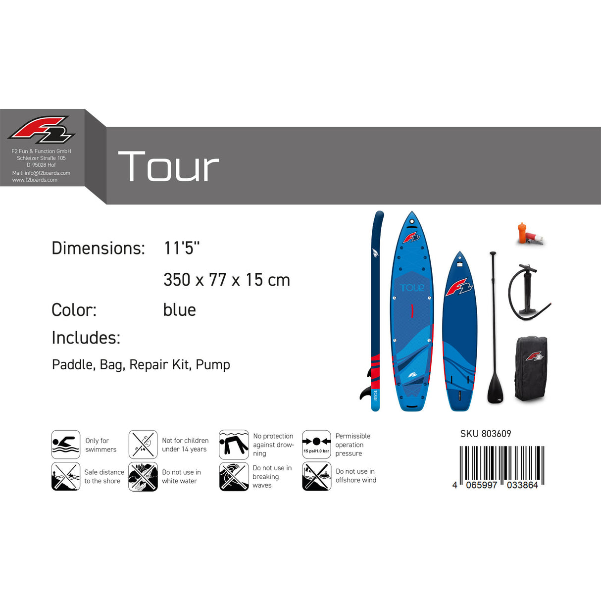 F2 SUP Stand Up Paddle Board Tour 11'5''/12'2"/13'2" wählbar Blau