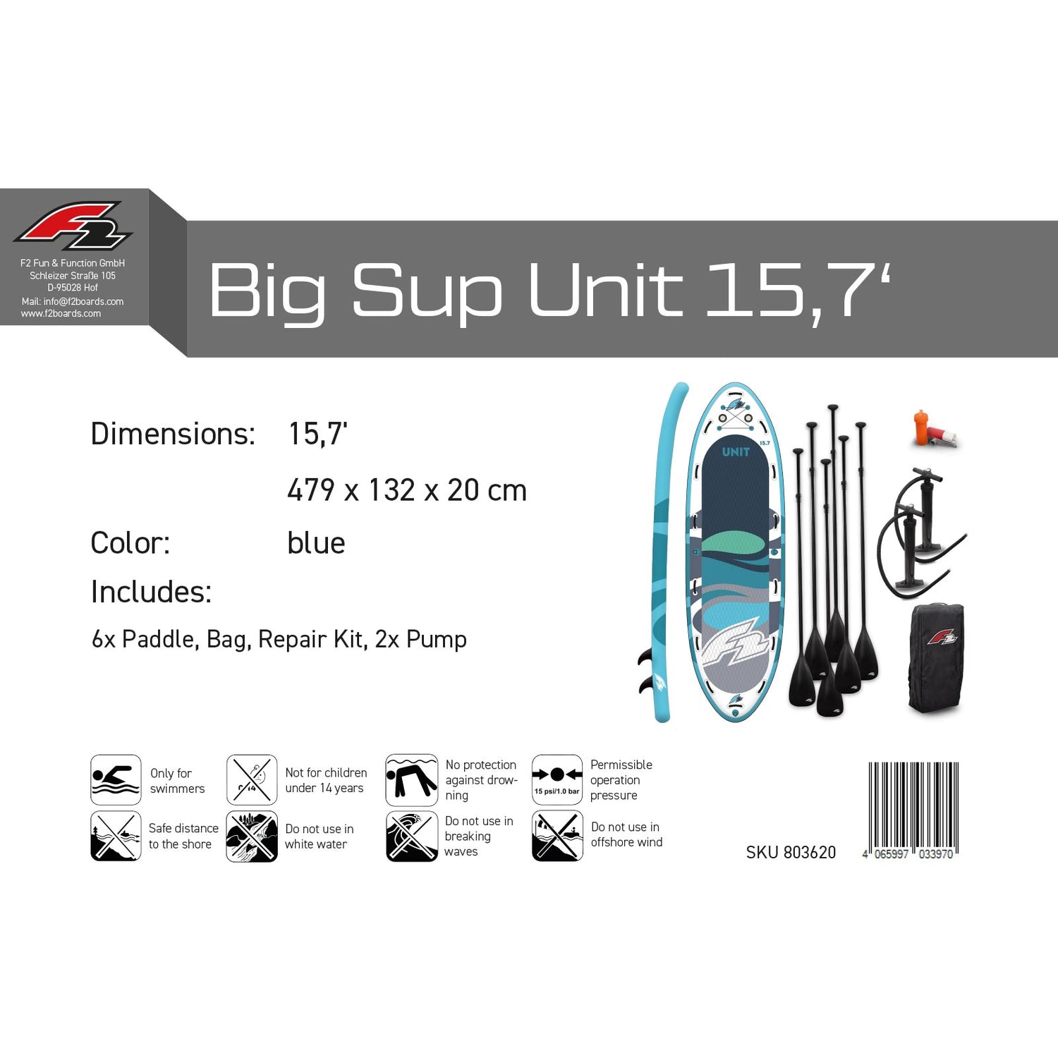 F2 SUP Stand Up Paddle Board Big SUP Unit/Family Fun - Modell wählbar