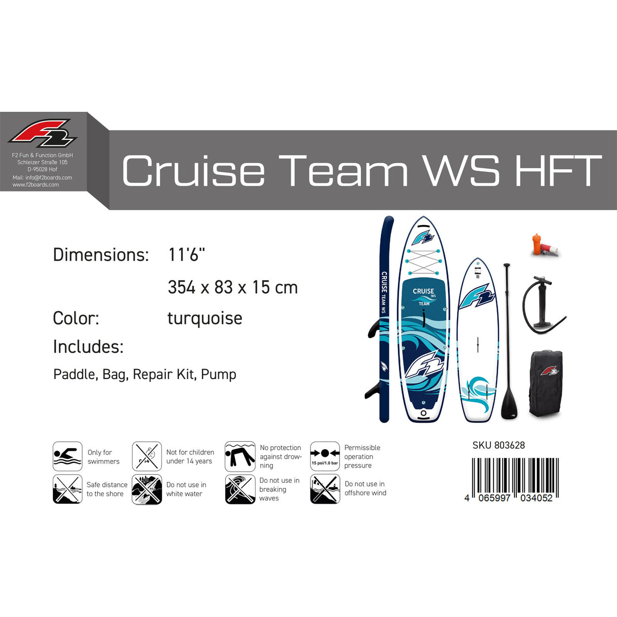 F2 SUP Stand Up Paddle Board Cruise Team WS HFT 10'6''/11'6" wählbar Türkis