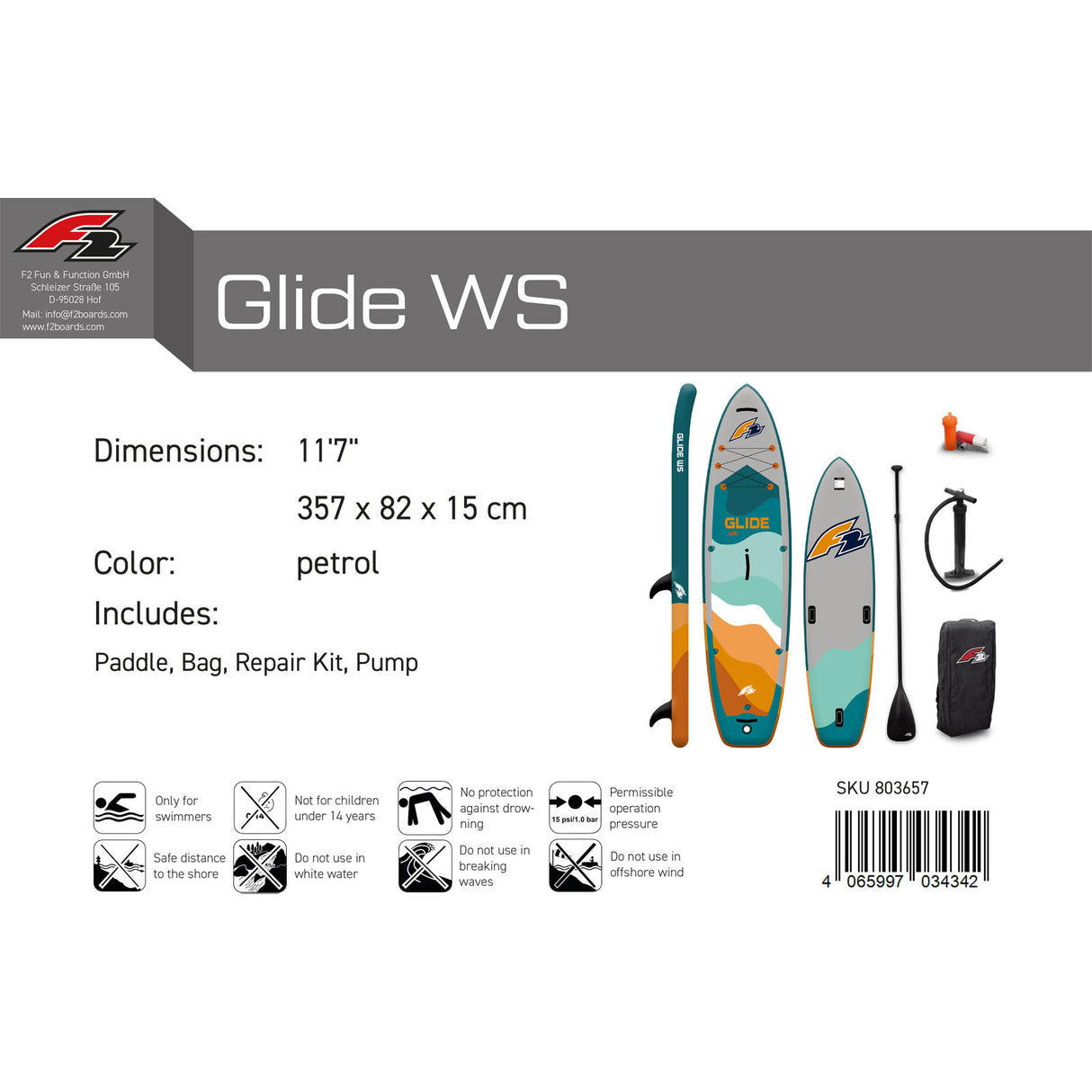 F2 SUP Stand Up Paddle Board Glide WS 10'2''/10'8"/11'7" wählbar Petrol