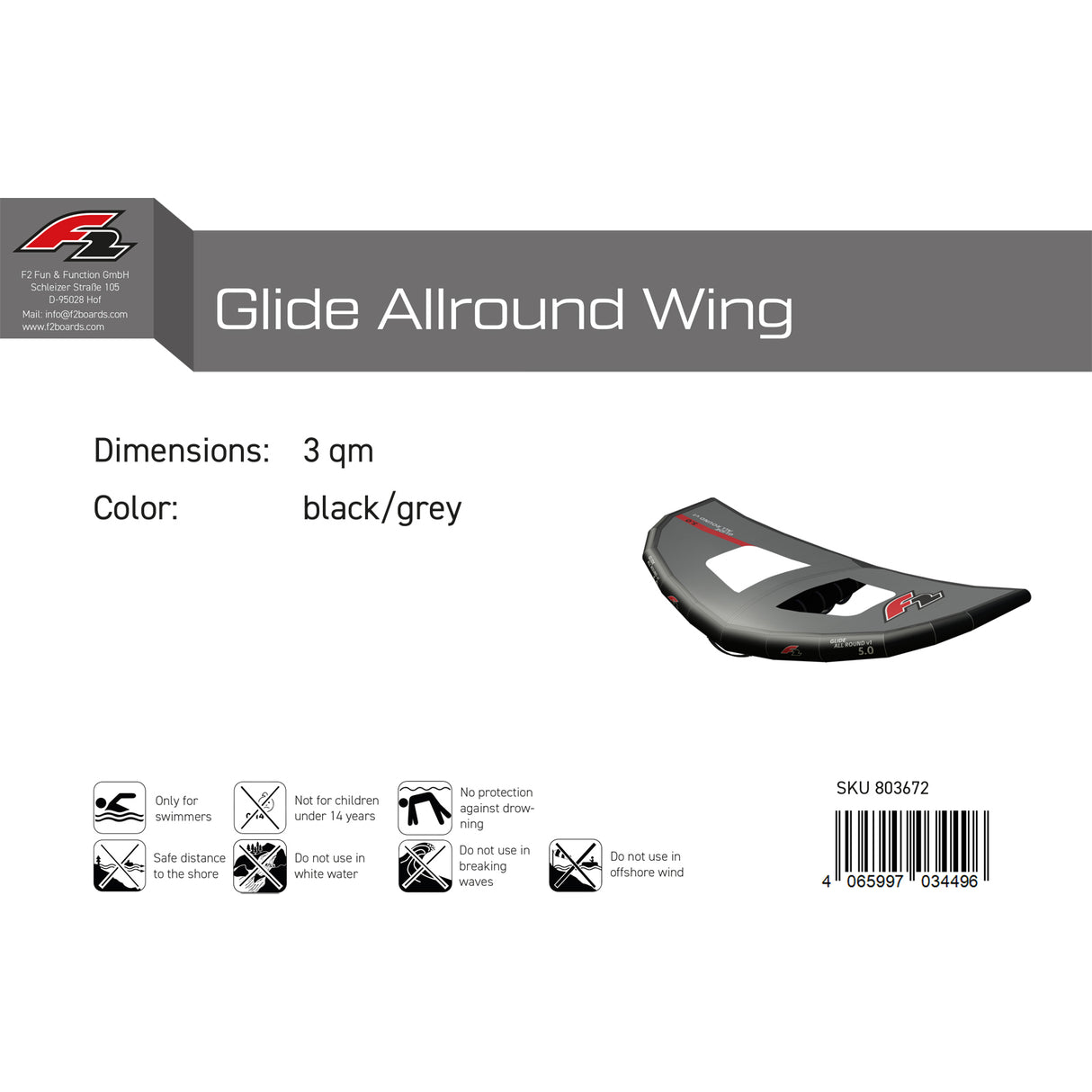F2 Wing Glide Allround Wing 3-6qm Größe wählbar Schwarz/Grau 2024/25