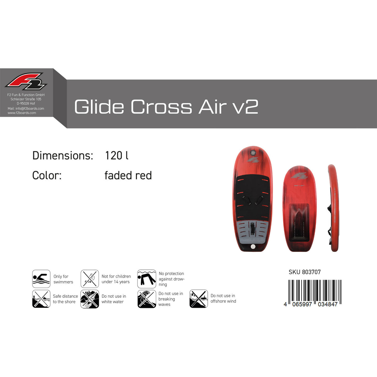 F2 Foil Board Glide Cross Air 90-160L Größe wählbar Rot