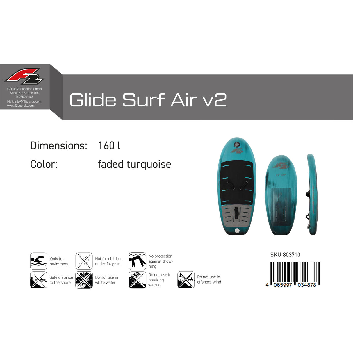 F2 Foil Board Glide Surf Air 120-160L Größe wählbar Türkis