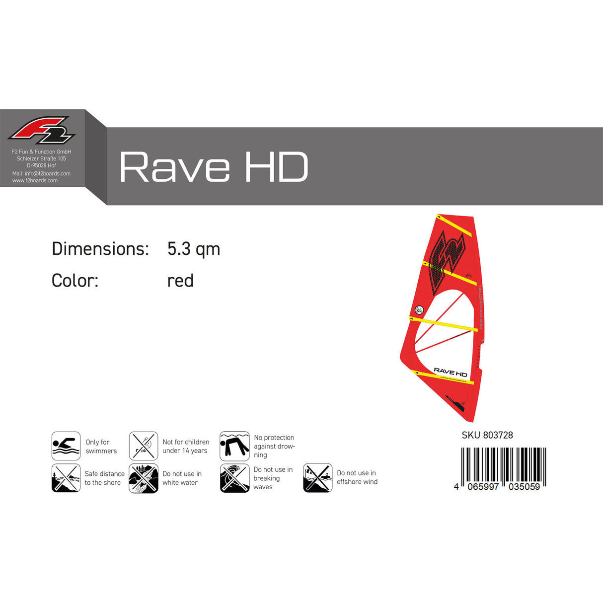F2 Windsurf Segel Rave HD 2,2-6qm Größe wählbar Rot 2024/25