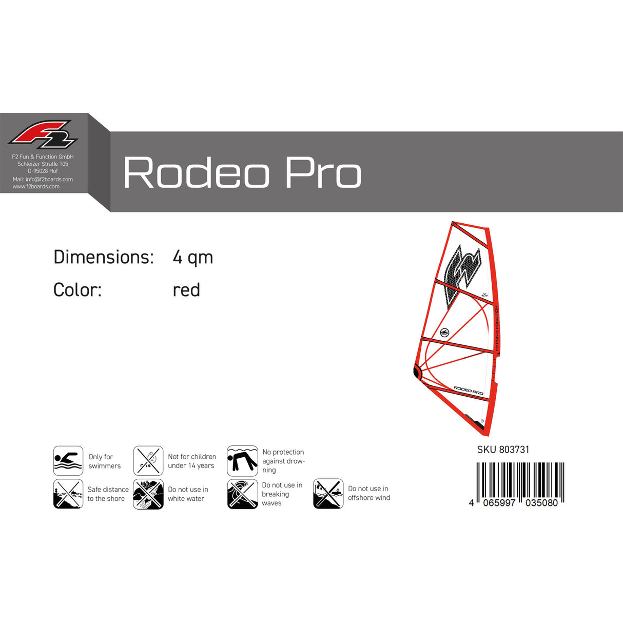 F2 Windsurf Segel Rodeo Pro 3,6-5,6qm Größe wählbar Rot 2024/25