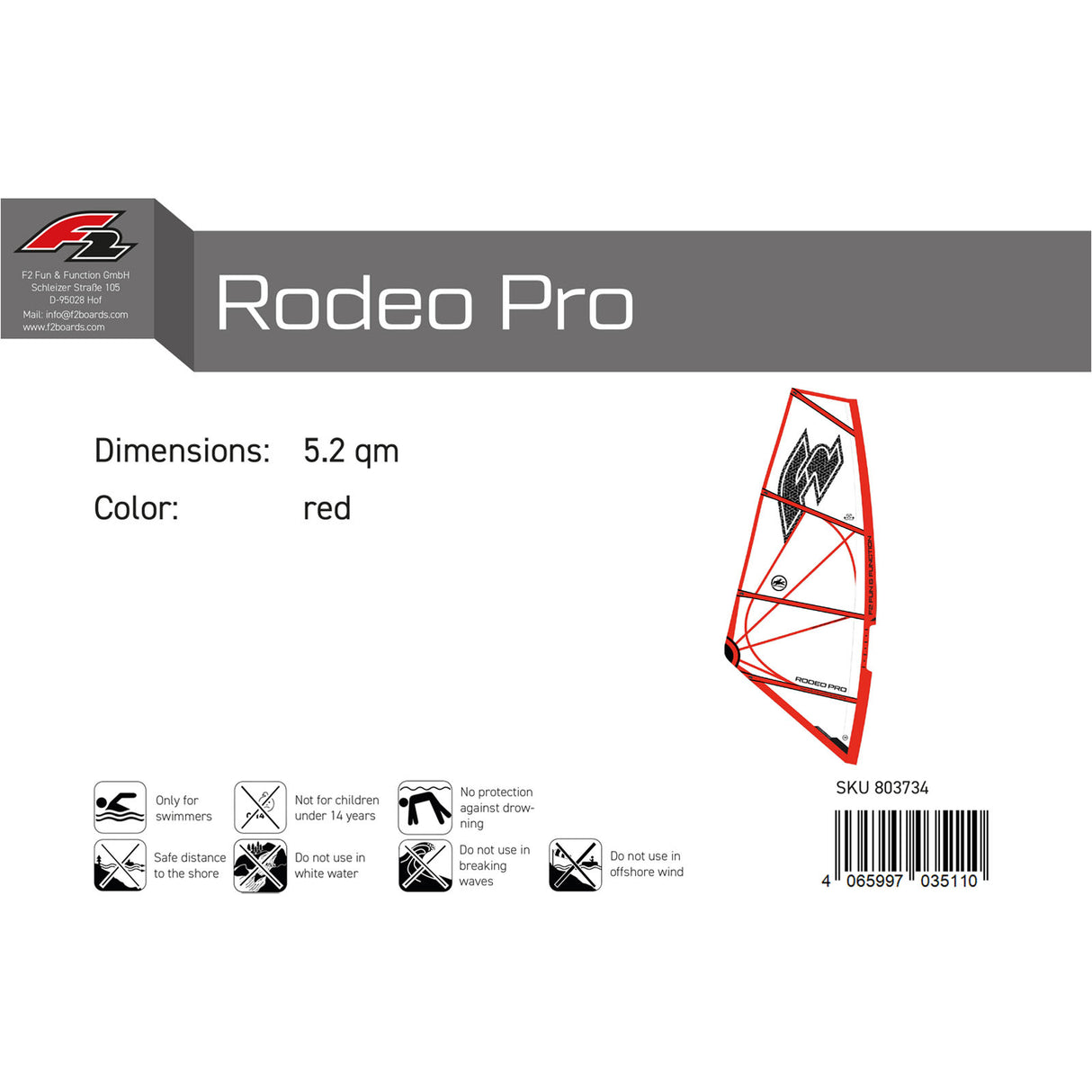 F2 Windsurf Segel Rodeo Pro 3,6-5,6qm Größe wählbar Rot 2024/25