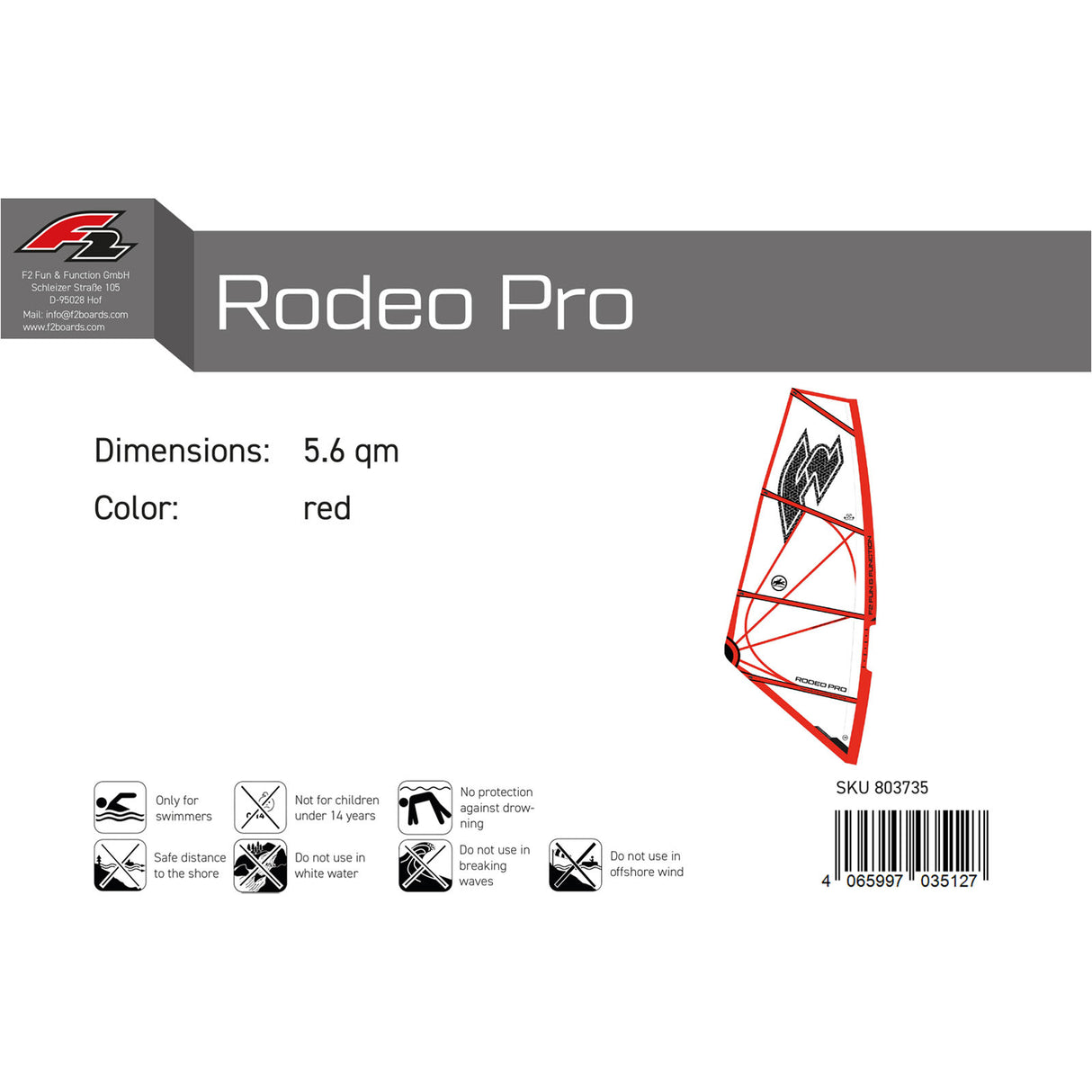 F2 Windsurf Segel Rodeo Pro 3,6-5,6qm Größe wählbar Rot 2024/25