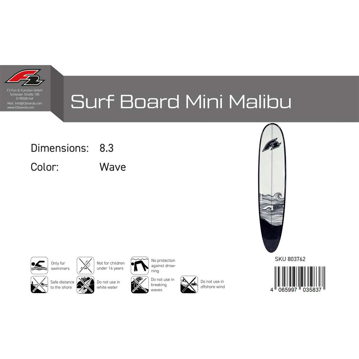 F2 Wellenreiter Surf Board Mini Malibu 8,3 Wave