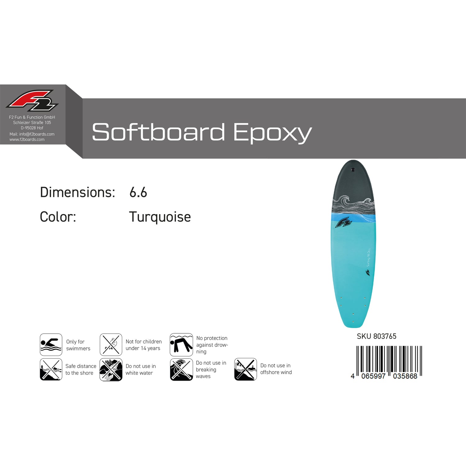 F2 Wellenreiter Softboard Epoxy 6'6"/8'0" wählbar Türkis 2024/25