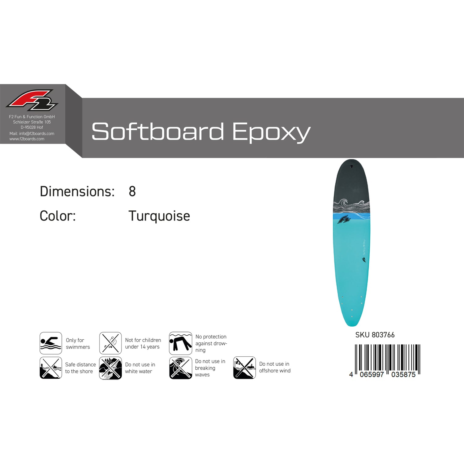 F2 Wellenreiter Softboard Epoxy 6'6"/8'0" wählbar Türkis 2024/25