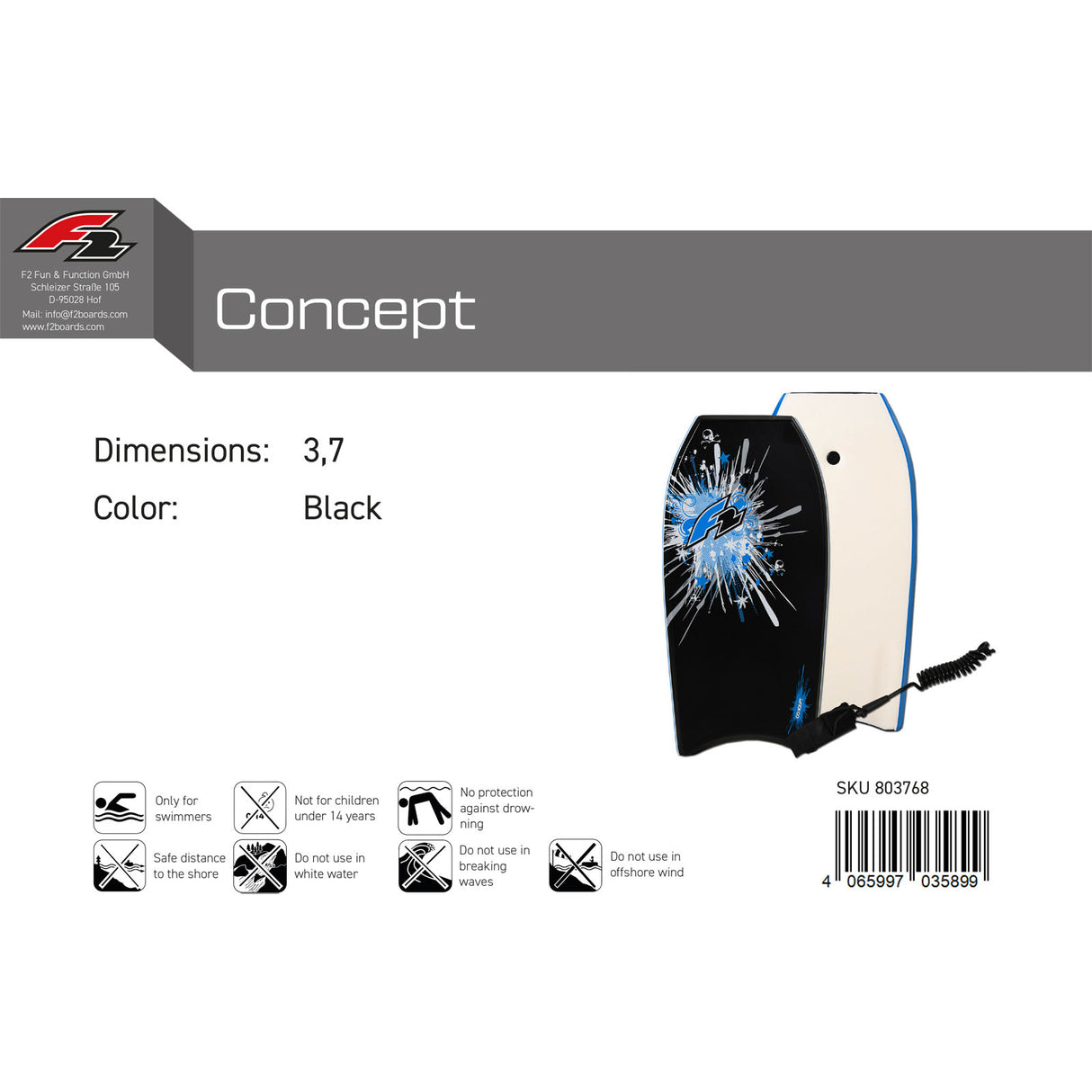 F2 Body Board Concept 3'2"/3'7" wählbar Schwarz 2024/25