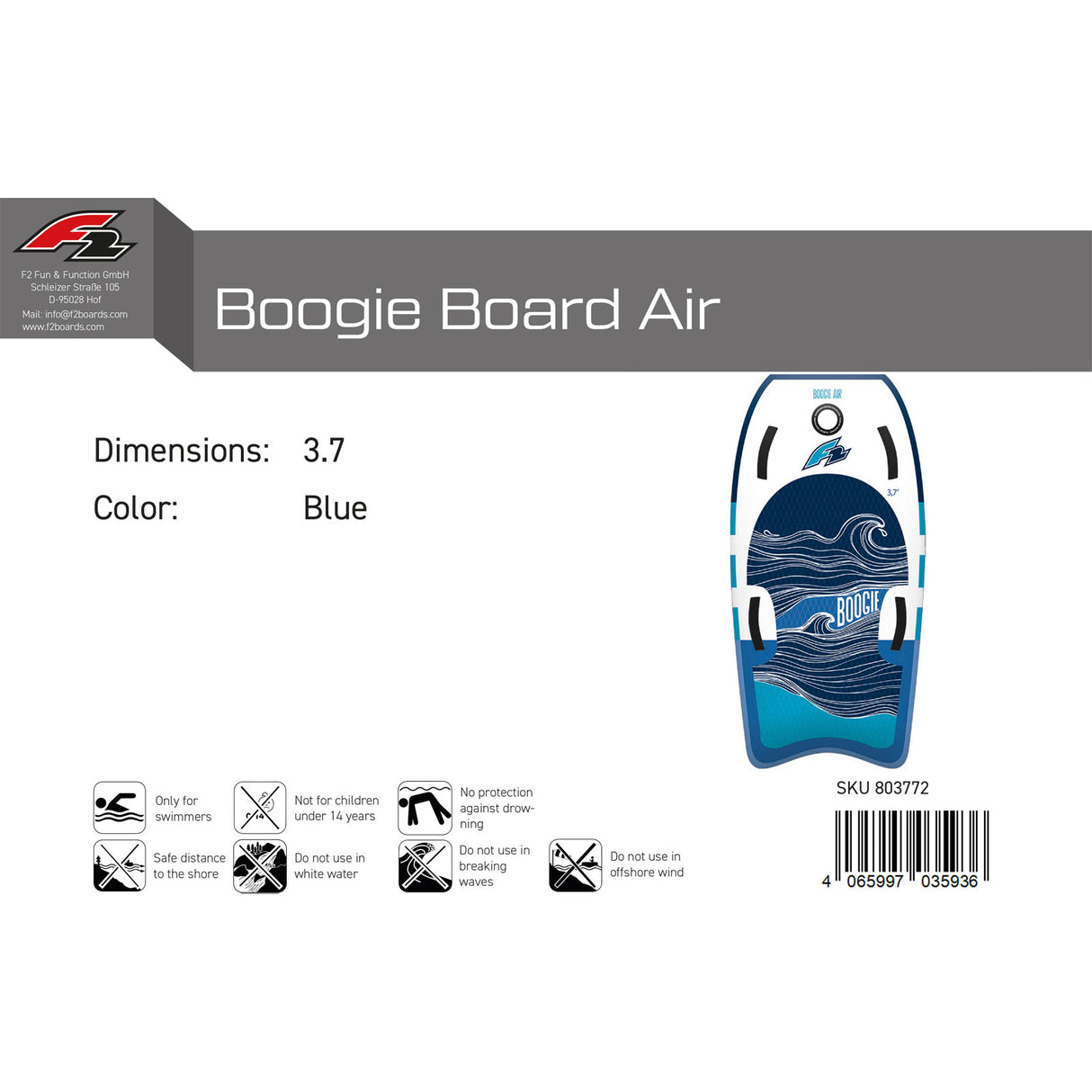 F2 Inflatable Body Board Boogie Board Air 3,7 Blau 2024/25