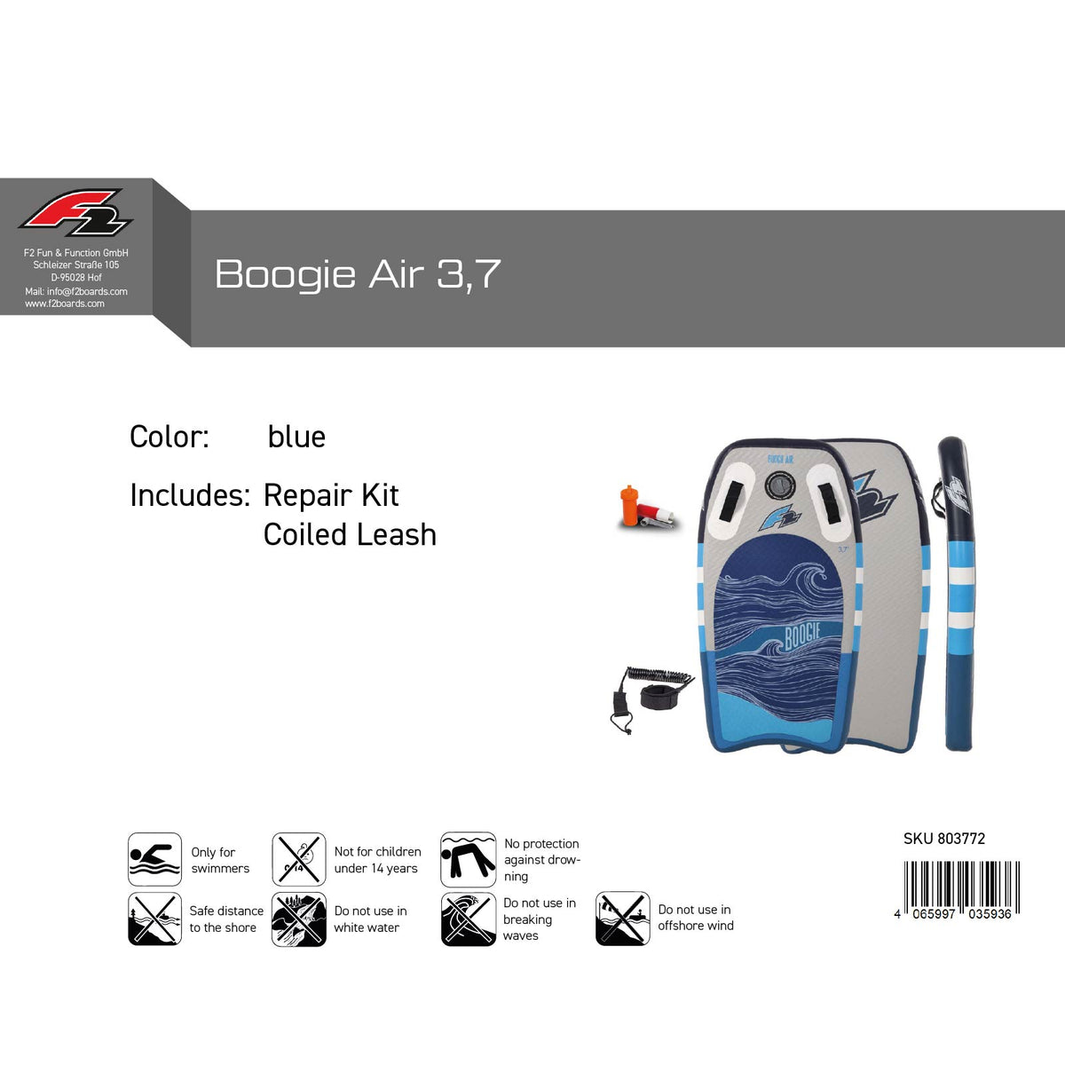 F2 Inflatable Body Board Boogie Board Air mit Leash 3,7 Blau