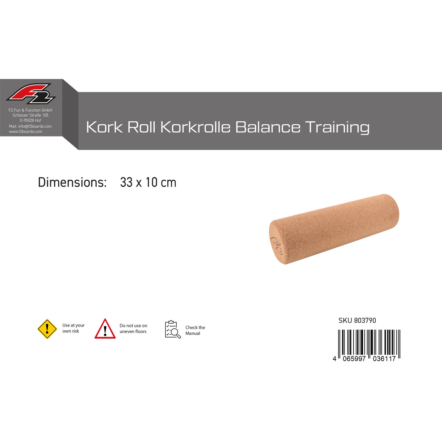 F2   Balance Board Kork Roll Korkrolle Balance Training  33x9,5cm  2024/25