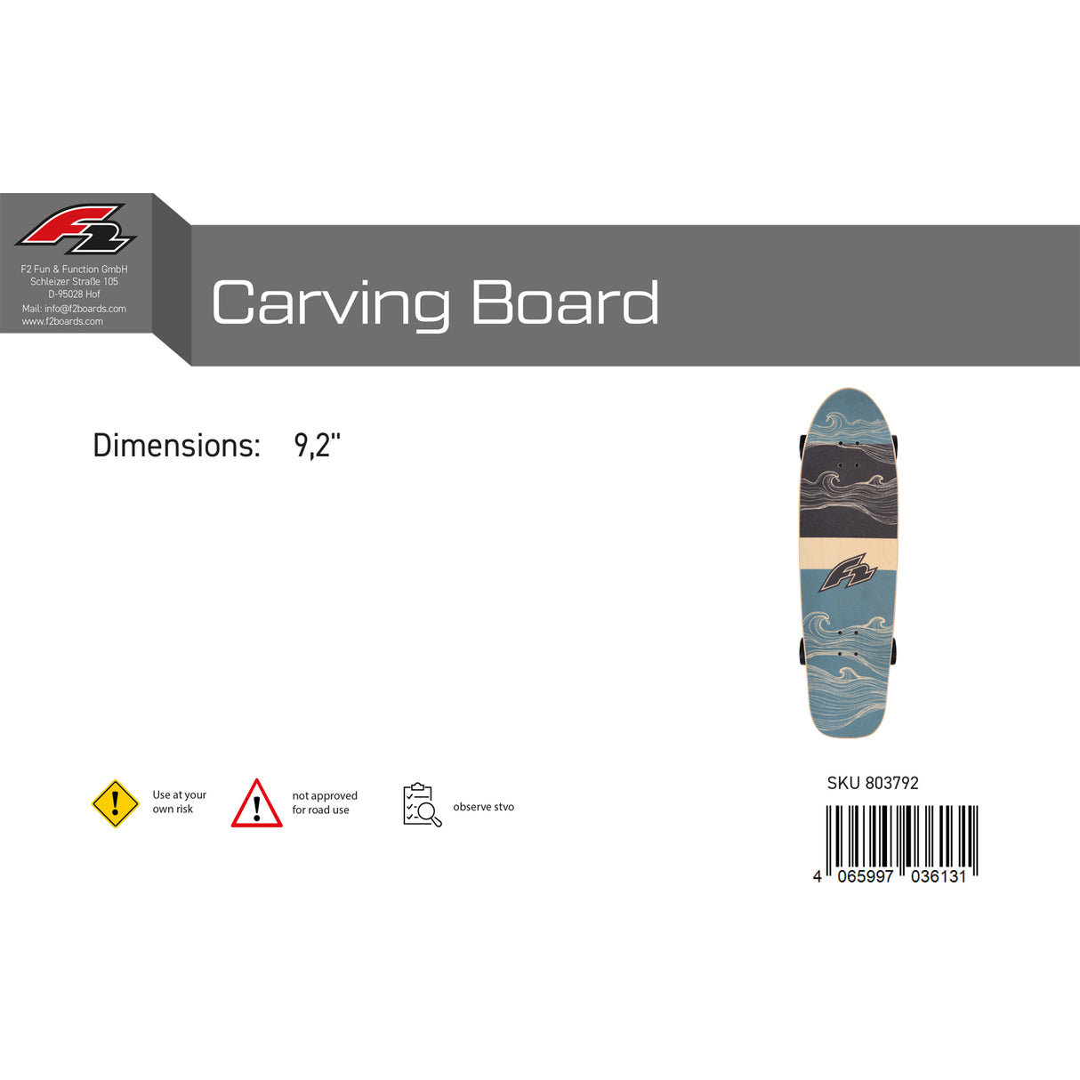 F2 Komplett Board Carving Board Skateboard Skate 9,0"/9,25" wählbar Blau 2024/25