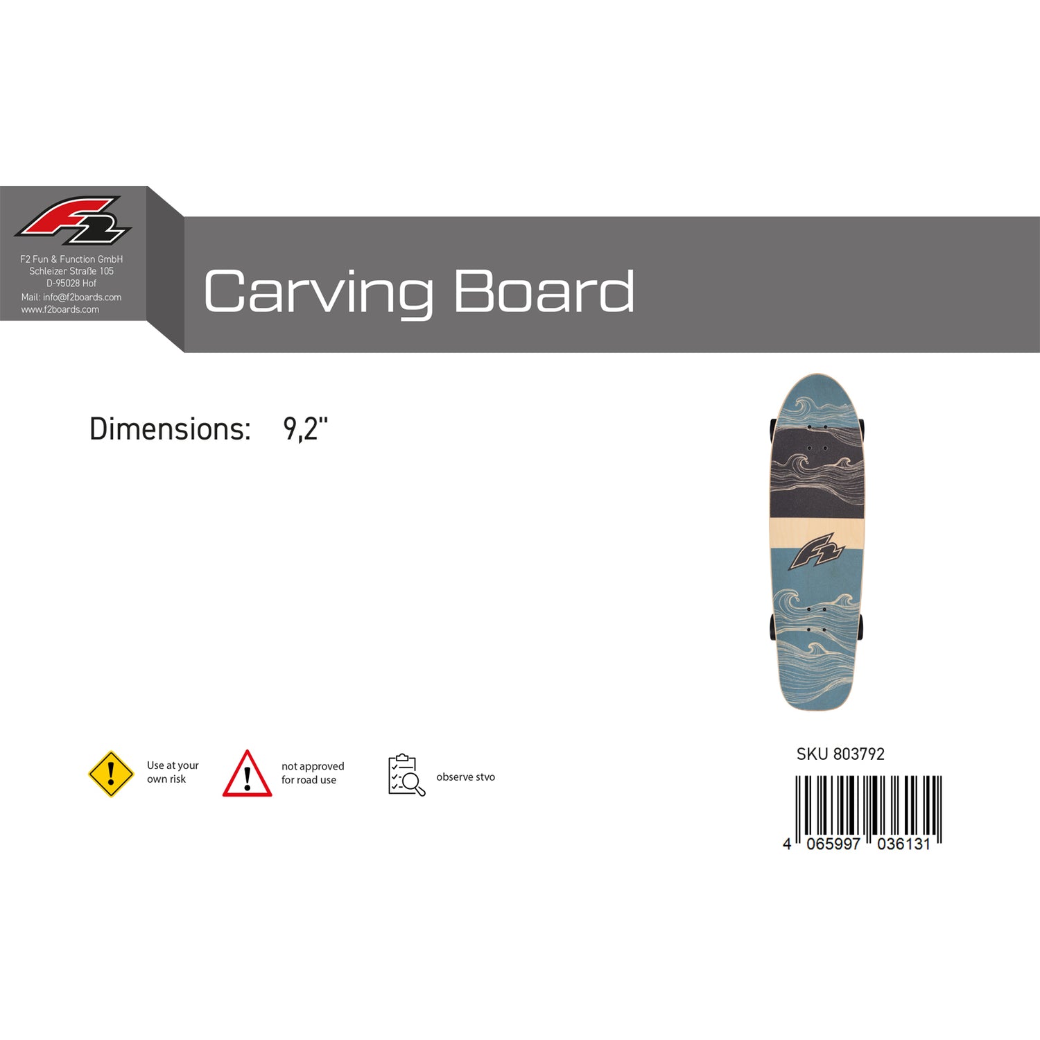 F2 Komplett Board Carving Board Skateboard Skate 9,0"/9,25" wählbar Blau 2024/25