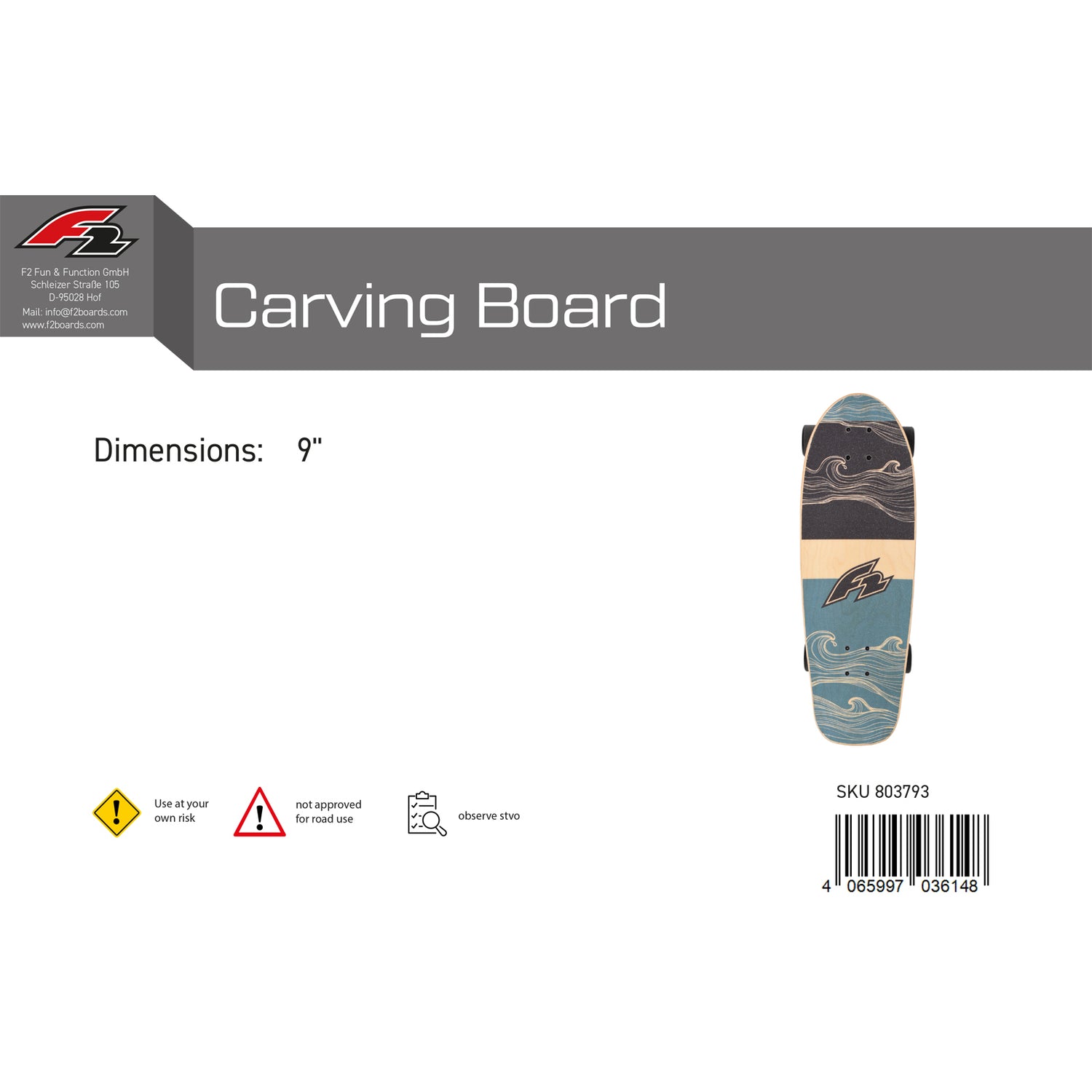 F2 Komplett Board Carving Board Skateboard Skate 9,0"/9,25" wählbar Blau 2024/25