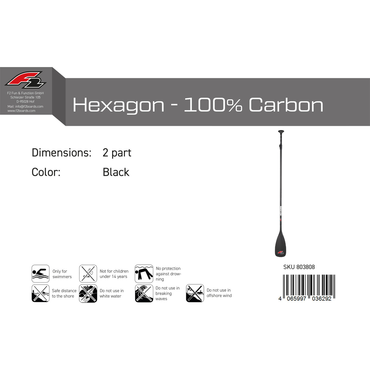 F2 SUP Paddel Hexagon - 100% Carbon 2 teilig Schwarz