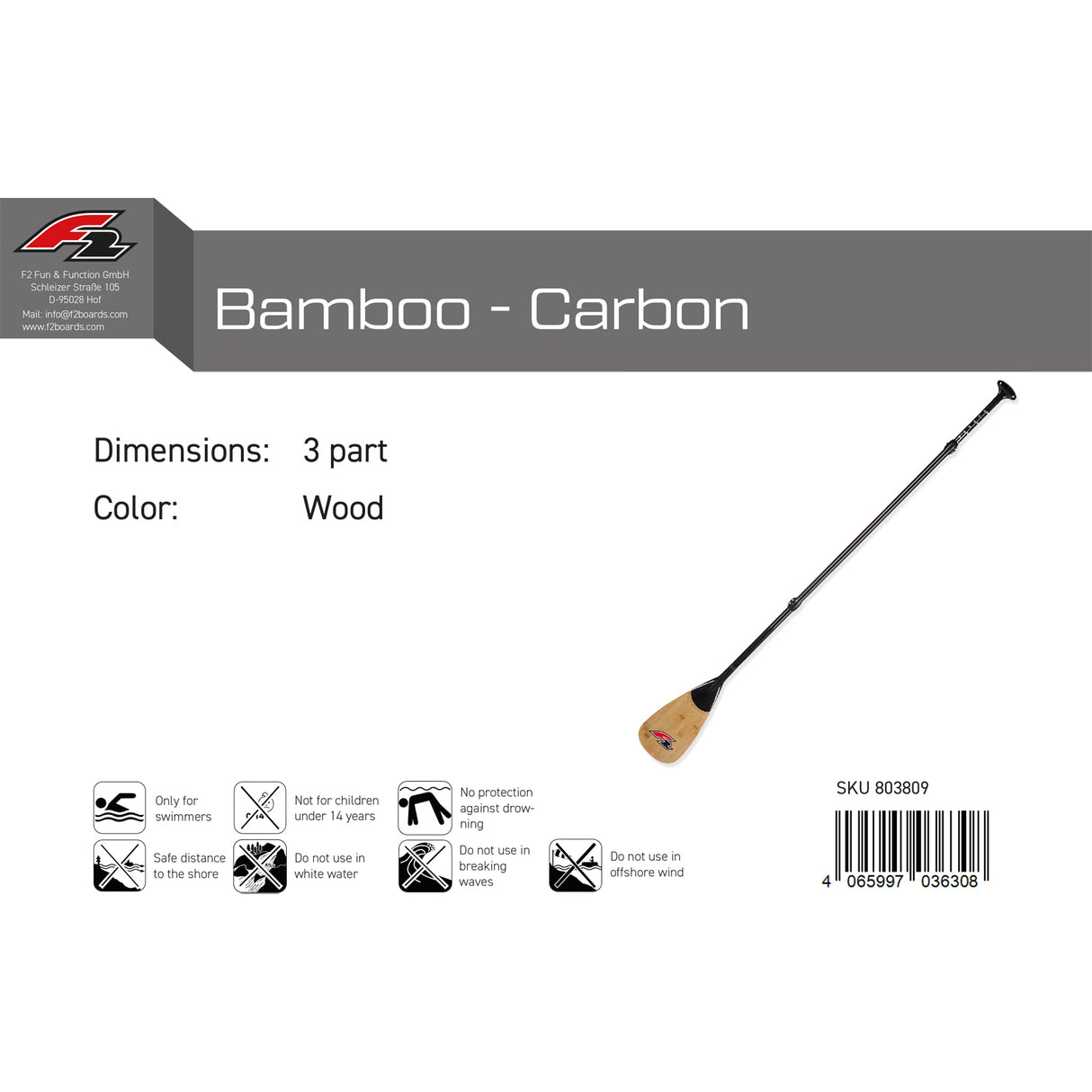 F2 SUP Paddel Bamboo - Carbon 3 teilig Wood 2024/25