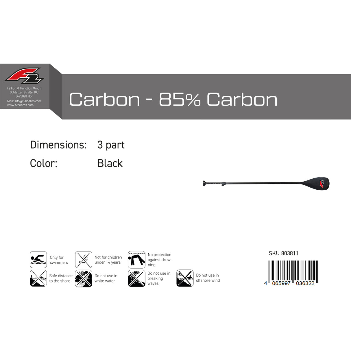 F2 SUP Paddel Carbon - 85% Carbon 3 teilig Schwarz 2024/25