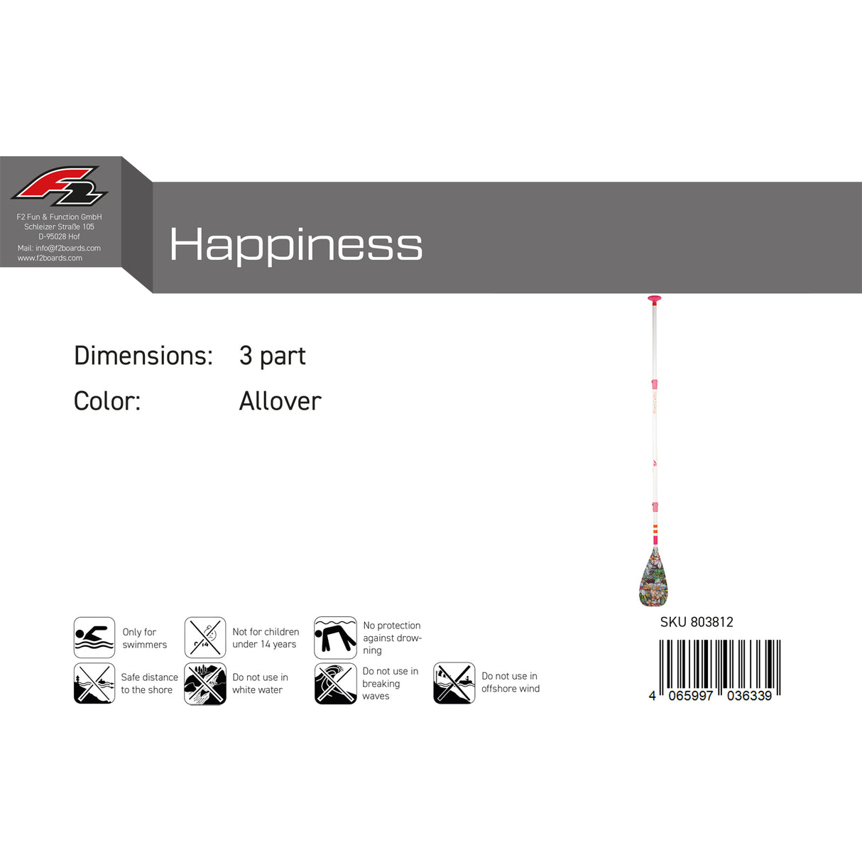 F2 SUP Paddel Happiness 3 teilig Multicolor 2024/25