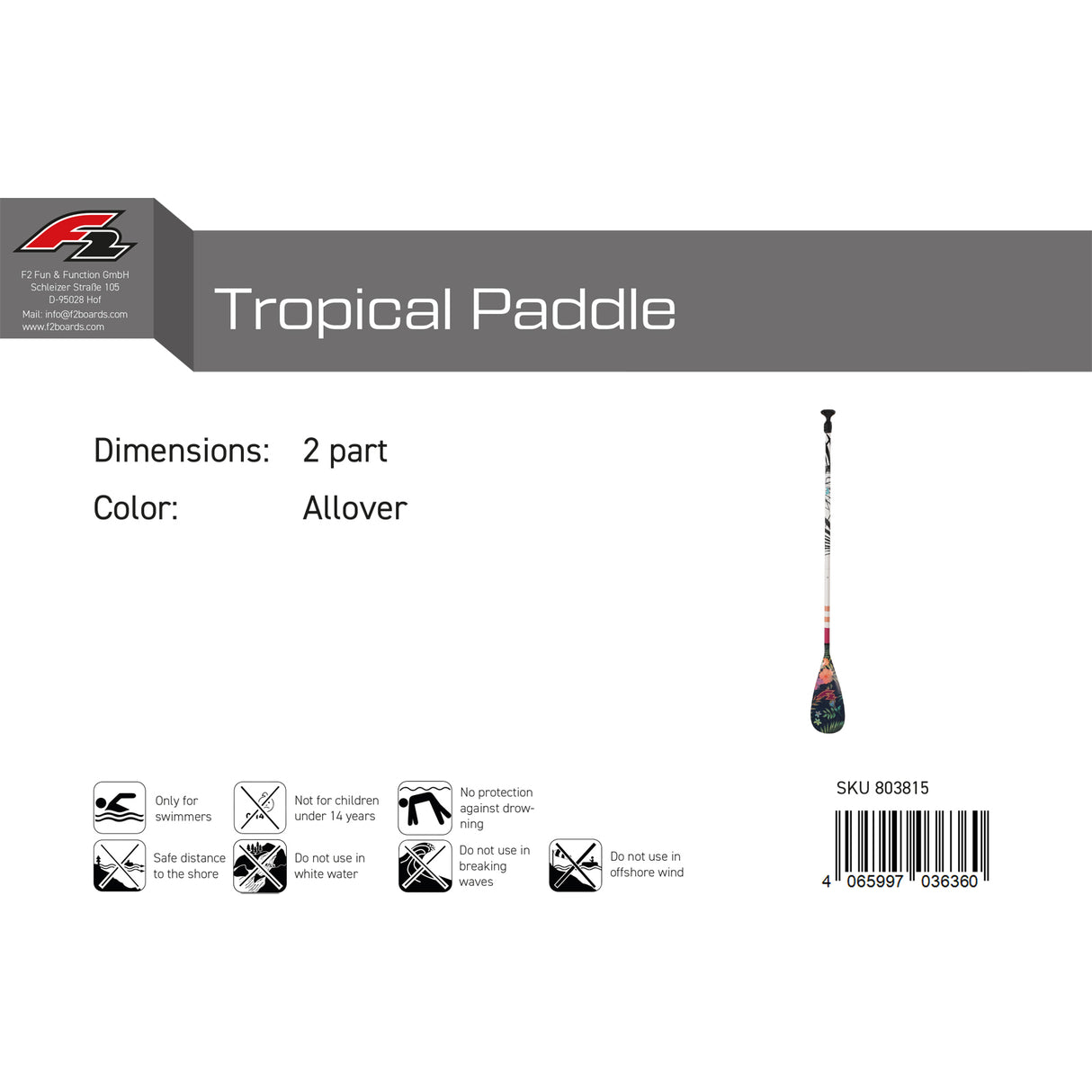 F2 SUP Paddel Tropical Paddle 2 teilig Multicolor 2024/25