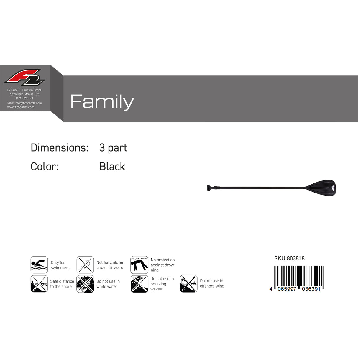 F2 SUP Paddel Family 3 teilig Schwarz 2024/25