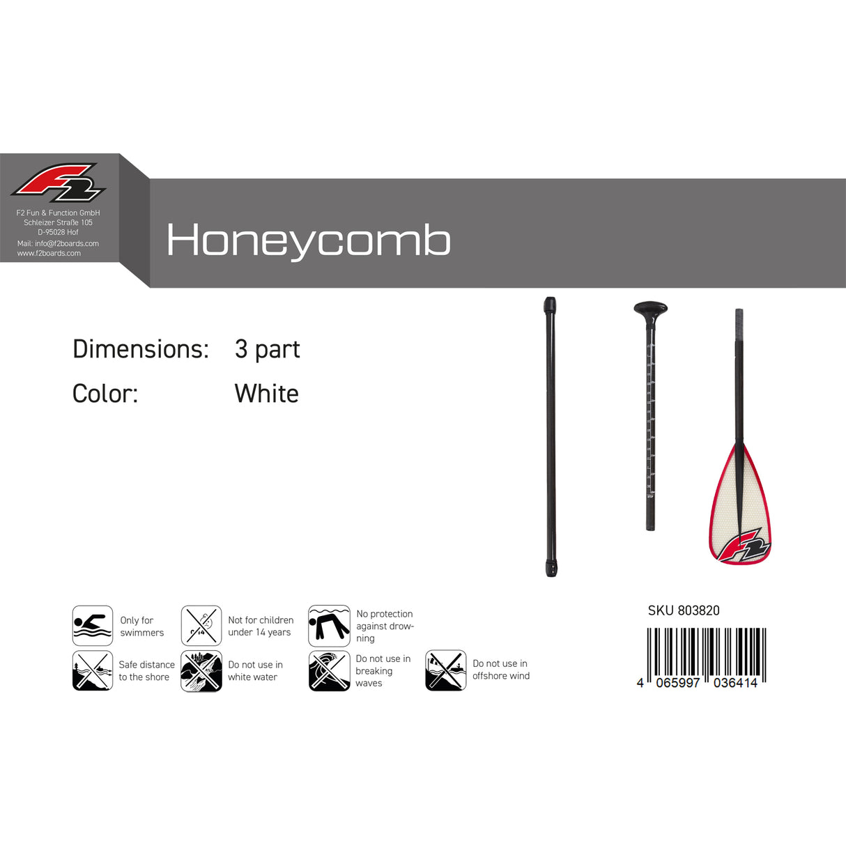 F2 SUP Paddel Honeycomb 3 teilig Weiss 2024/25