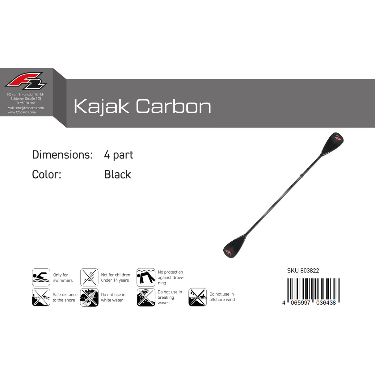 F2 SUP Paddel Kajak Carbon 4 teilig Schwarz