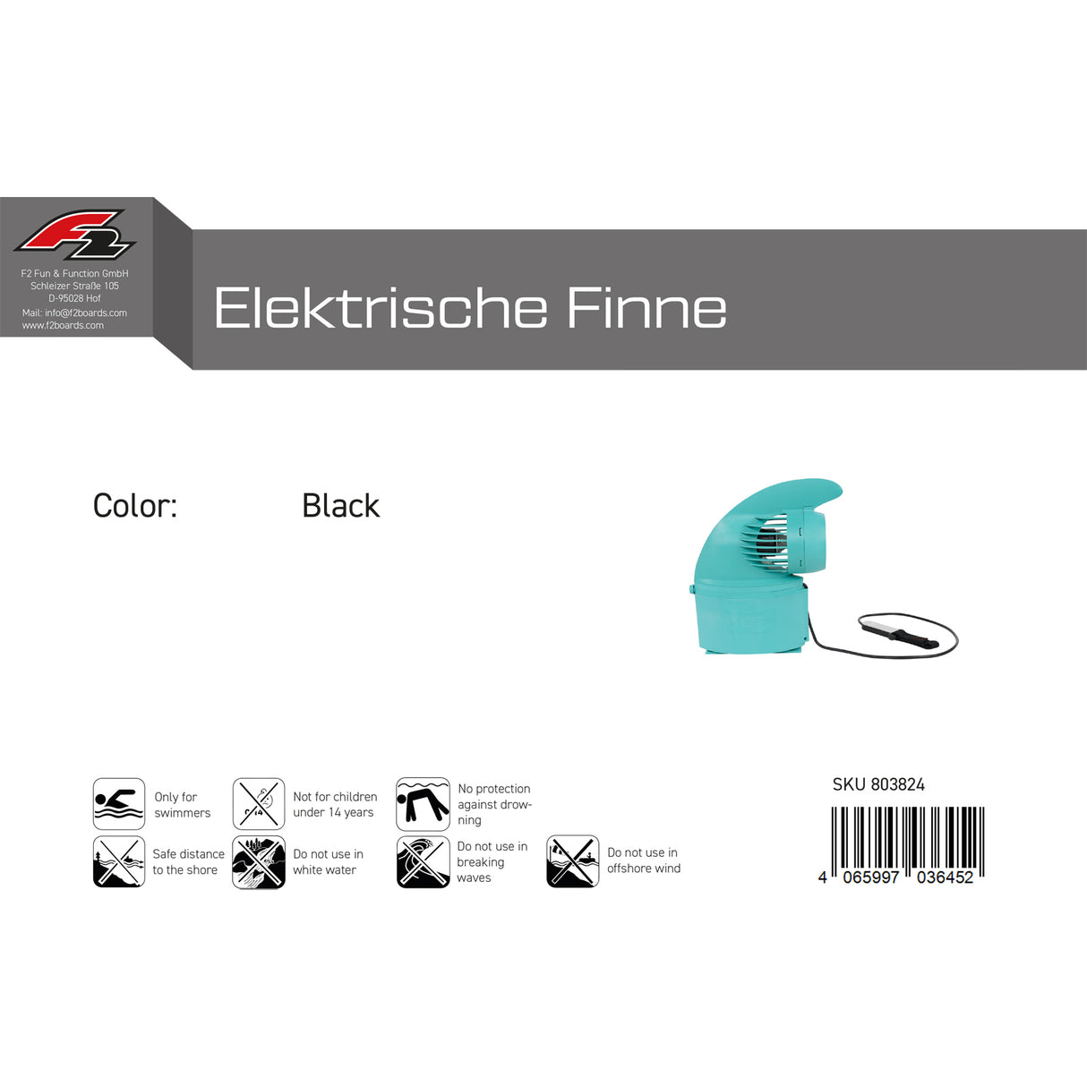 F2 Elektrische Finne PRO für SUP oder Wellenreiter Türkis 2024/25